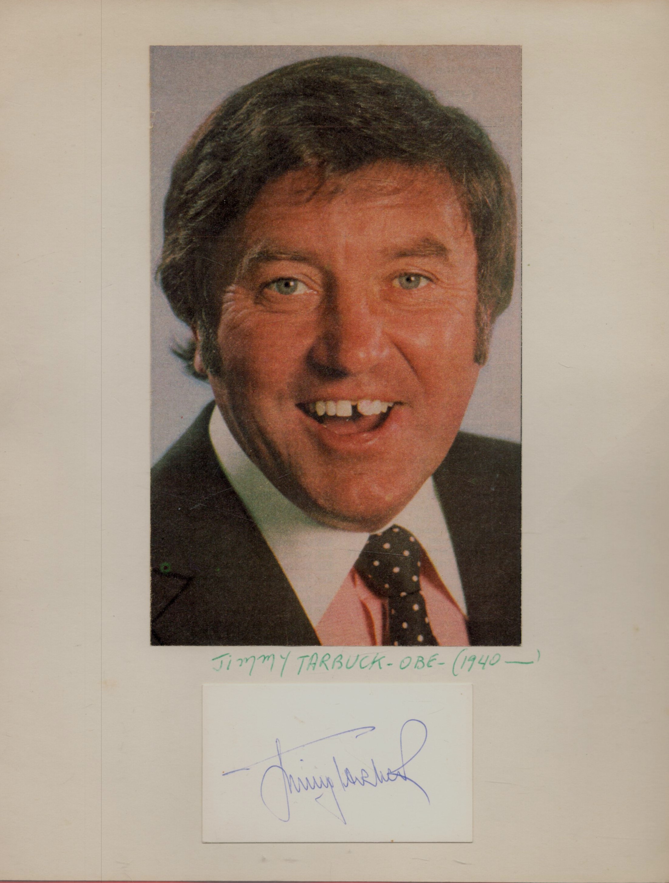 Jimmy Tarbuck OBE Signed Autograph Card, Attached to A4 White Paper with Colour Photo also Attached.