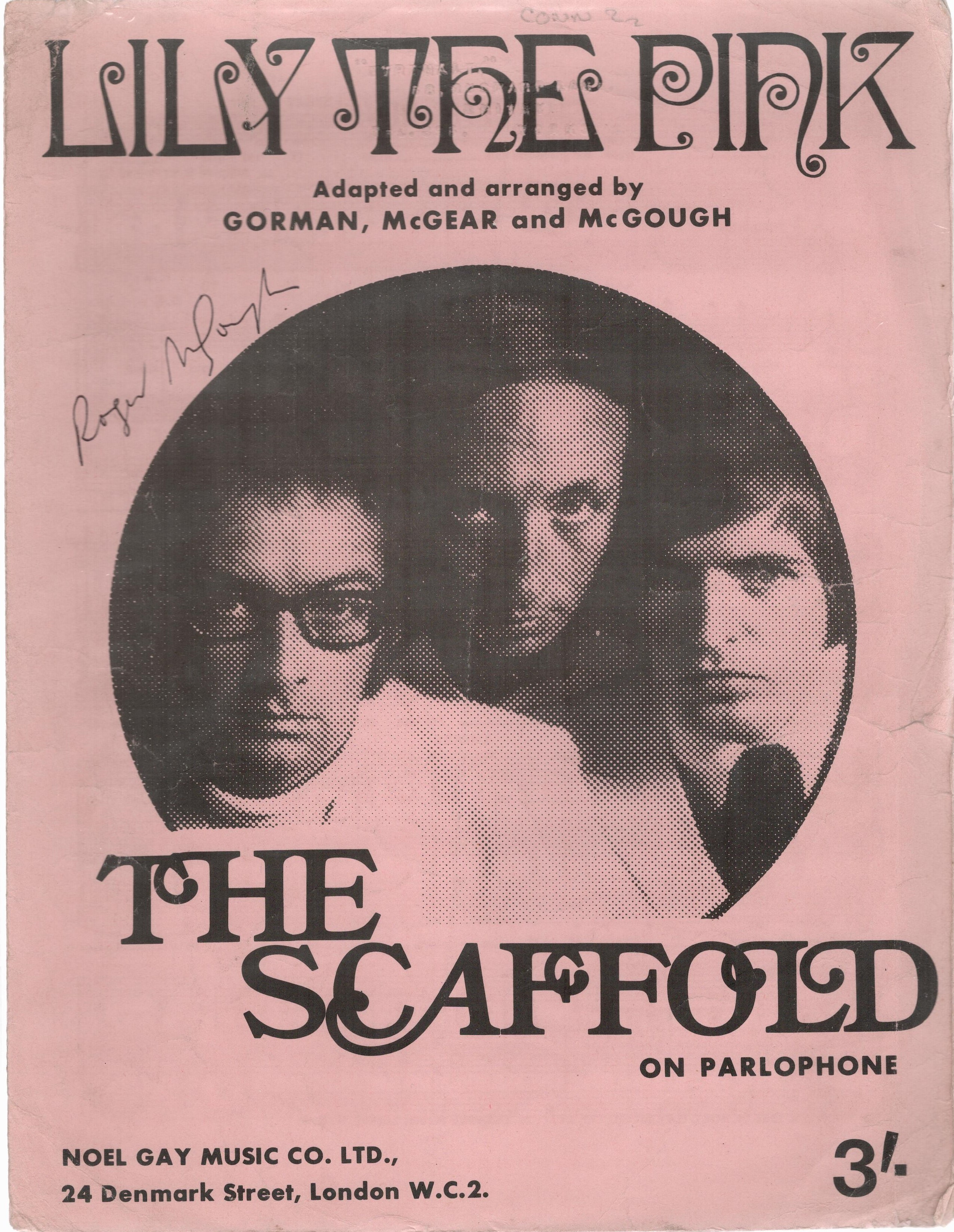 The Scaffold Vintage 1968 Sheet Music 'Lily The Pink' Signed To The Cover By Roger McGough. Good