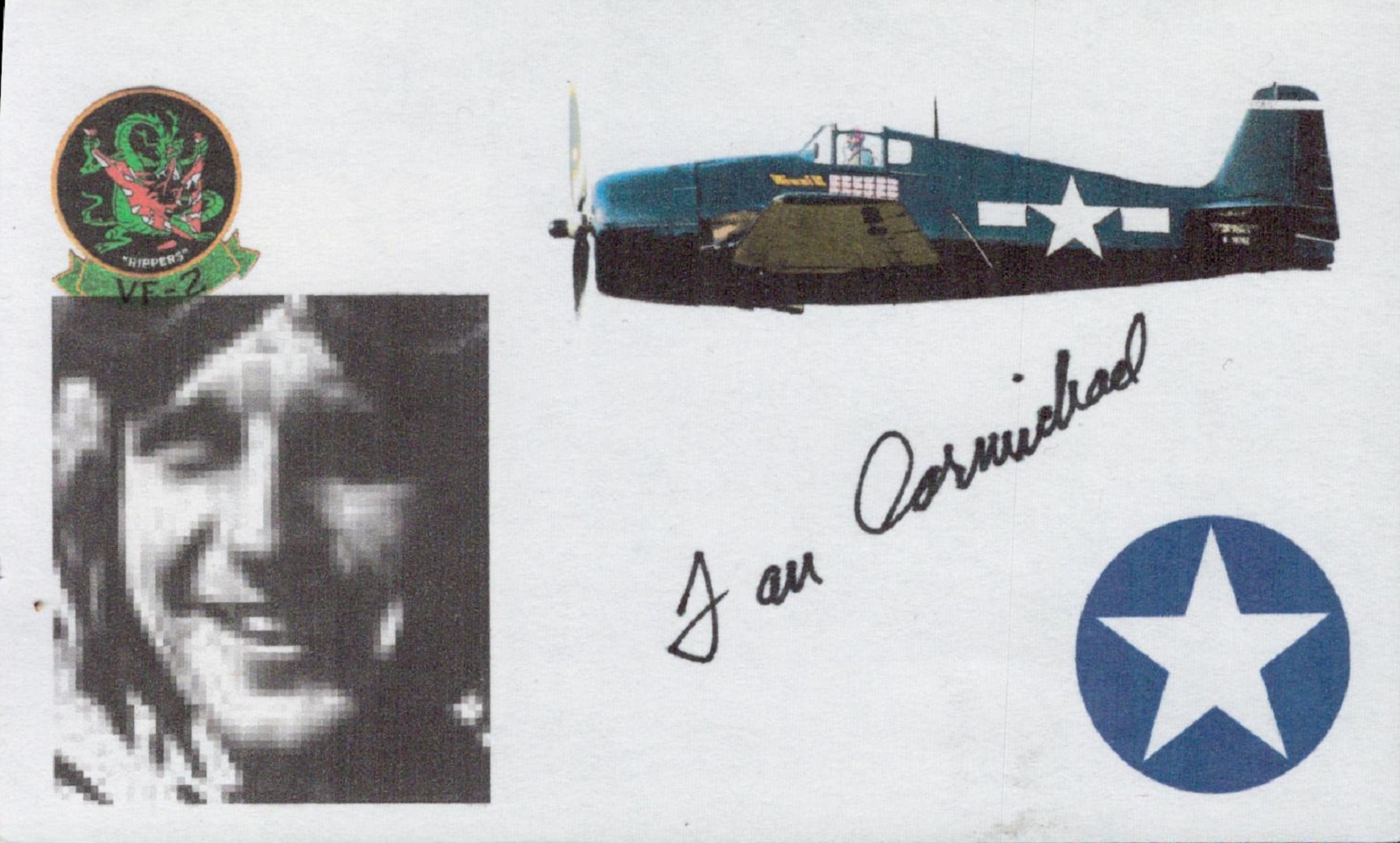 WWII Col Dan Carmichael US Fighter Ace signed 5x3 illustrated photo card. Dan Carmichael was born on