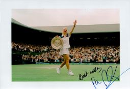 Tennis Jana Novotna signed 12x8 colour photo pictured celebrating after winning the Ladies Singles