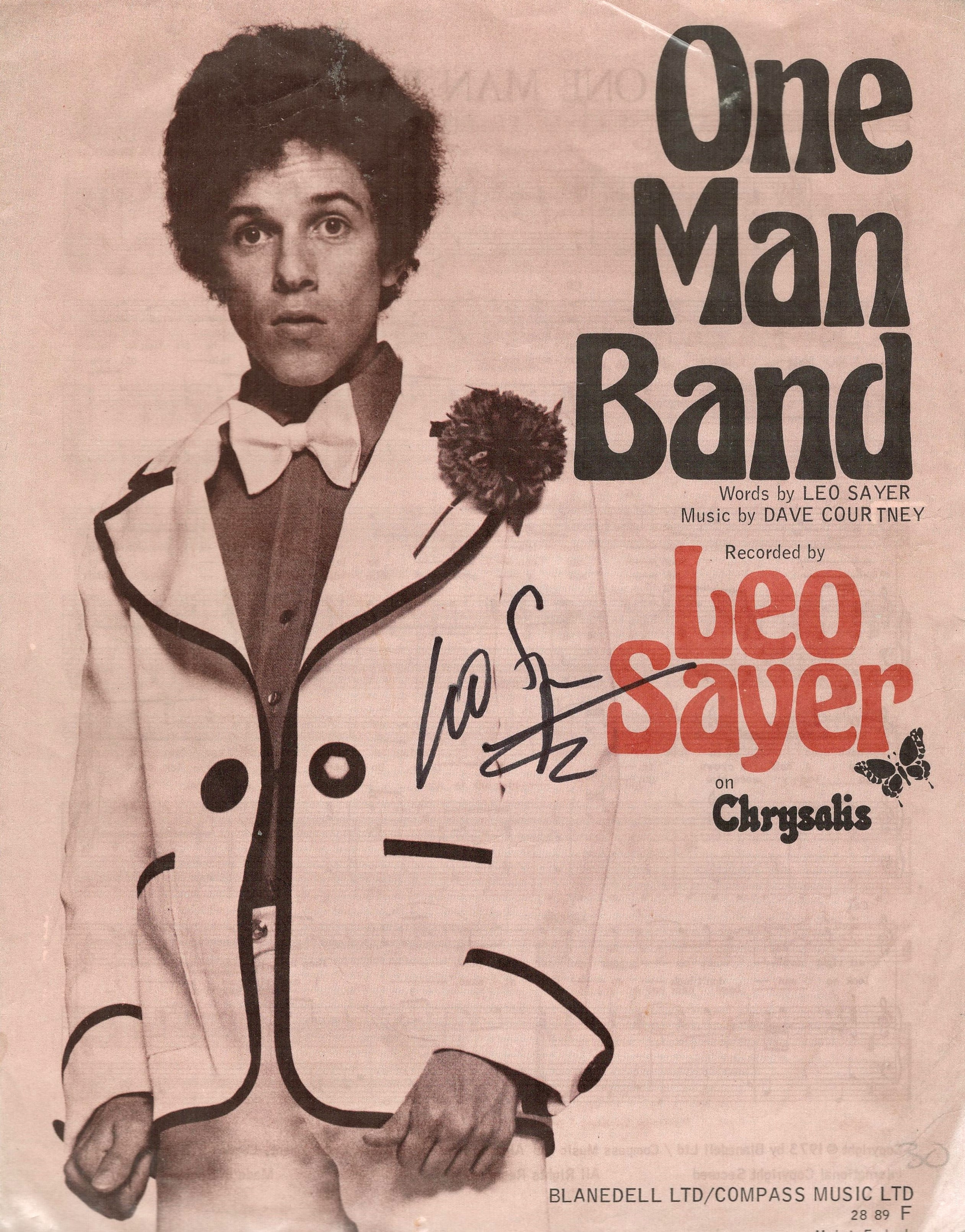 Leo Sayer Singer Signed Vintage 1973 Sheet Music 'One Man Band'. Good condition. All autographs come