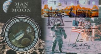 John W King Signed Man on the Moon Benhams First Day Cover with 5 American Stamps and Two Houston