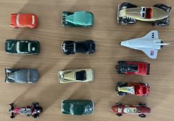 Die-Cast Collection of 13 Assorted Models Cars, Shuttle and Train, by Matchbox (7), Corgi (3), Hot