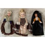 3 x Collectors Dolls, a group of three dolls the doll wearing a black dress has eyes that close when