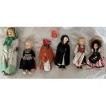 6 x Collectors Dolls, a group of six dolls with various construction the doll wearing clogs has eyes