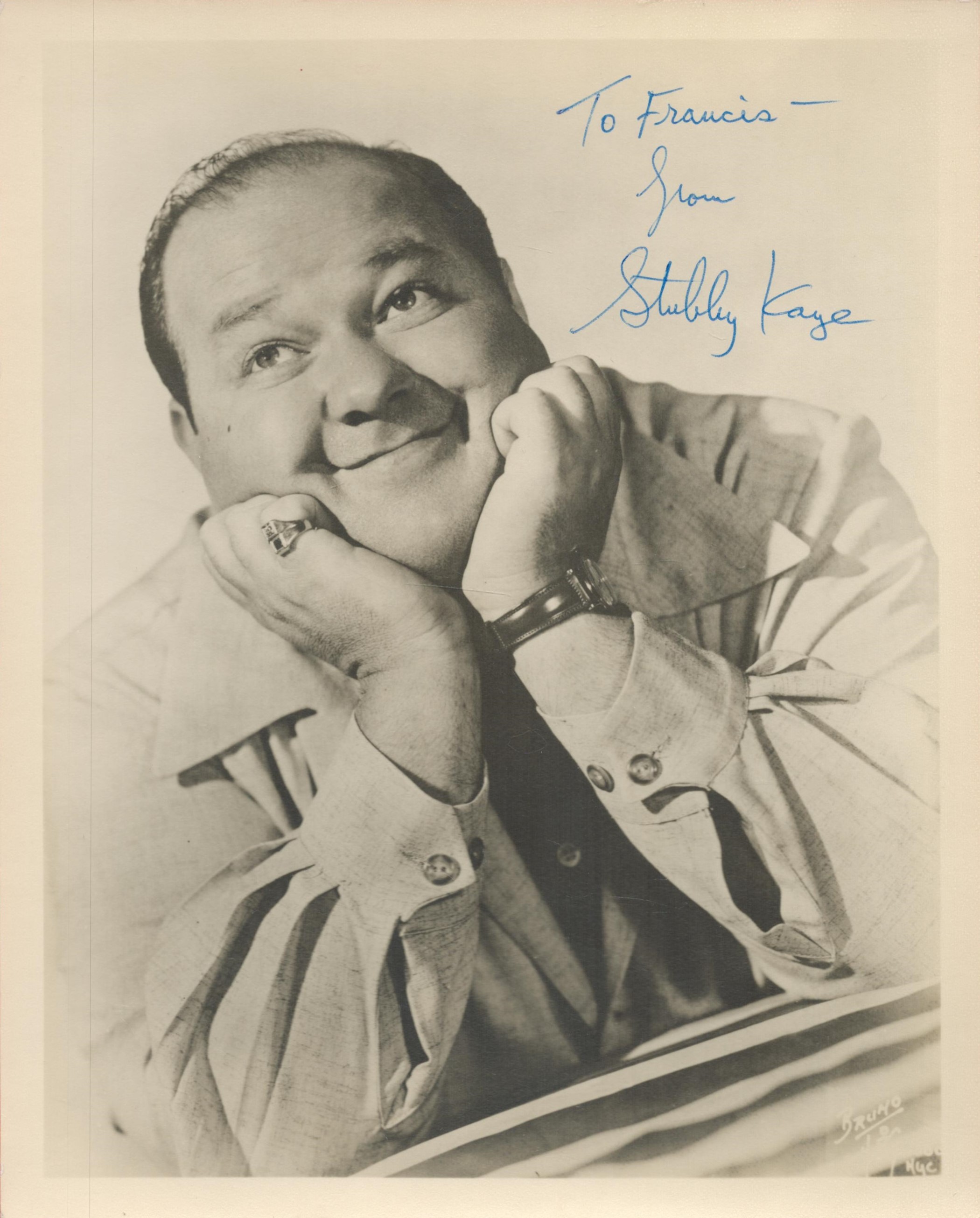 Stubby Kaye signed 10x8 vintage photo. Dedicated to Francis. Good condition. All autographs come