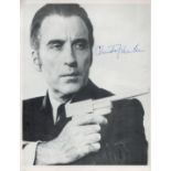 Christopher Lee signed 10x8 Man With The Golden Gun black and white magazine photo. Good