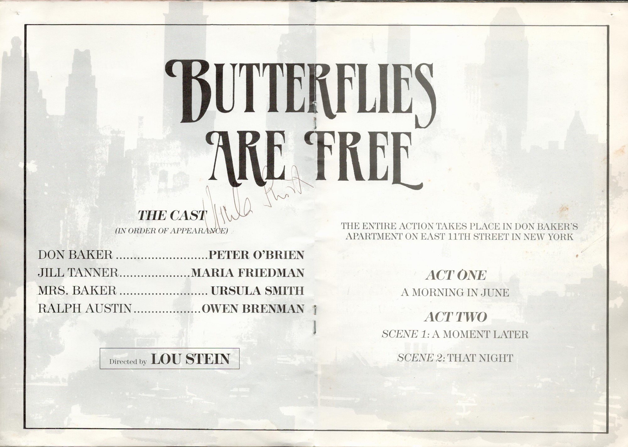 Actors, Ursula Smith and Peter O Brien signed Butterflies Are Free theatre programme taken from - Image 2 of 3