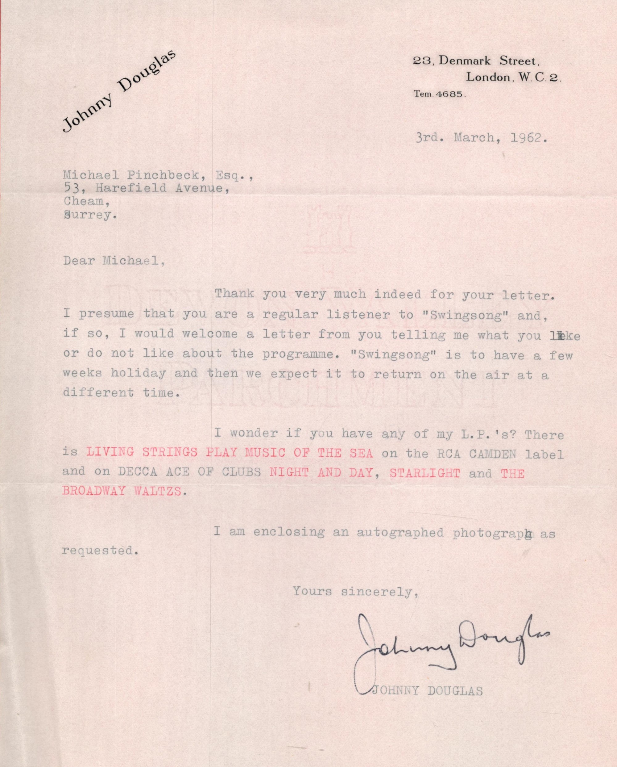 Composer Johnny Douglas TLS typed signed letter dated 1962 with good content regarding some of his