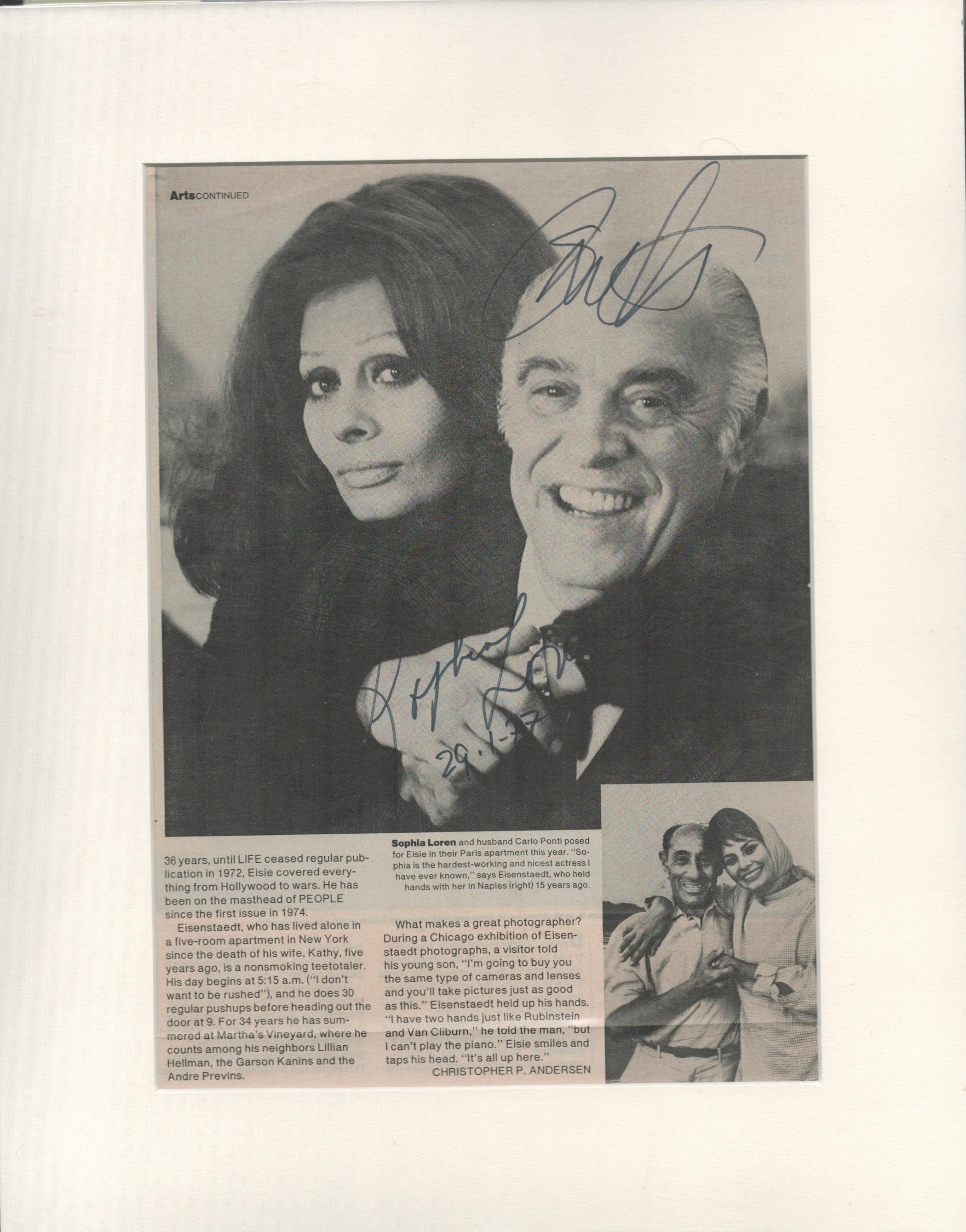 Sophia Loren and Carlo Ponti signed 14x11 mounted black and white magazine photo. Good condition.