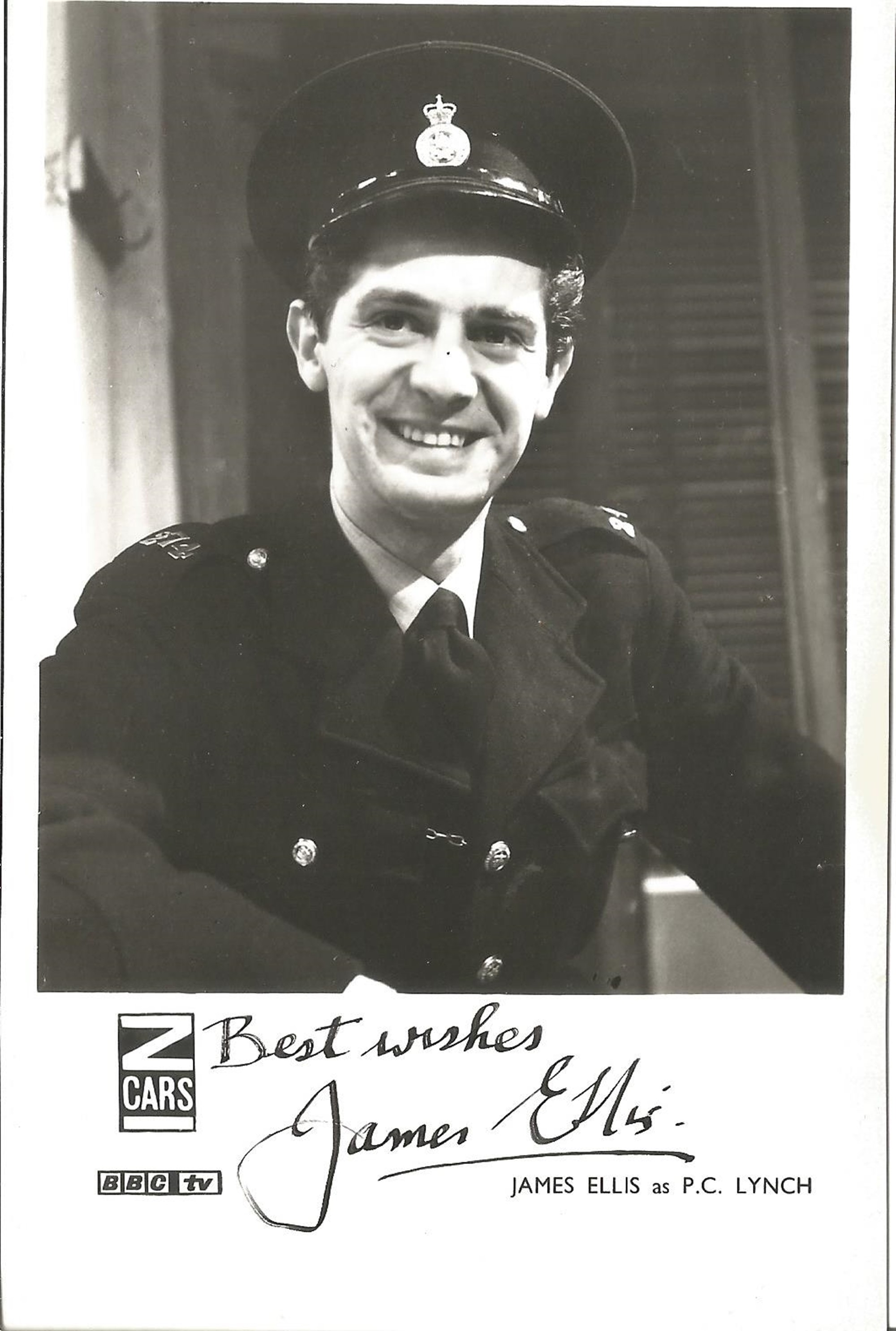 James Ellis, a signed Z Cars 5.5x3.5 inch cast card. Actor who played PC Lynch in Z Cars. Good