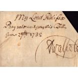 Robert Walpole, 1st Earl of Orford (1676-1745) British Prime Minister 1721-1742. Signature taken