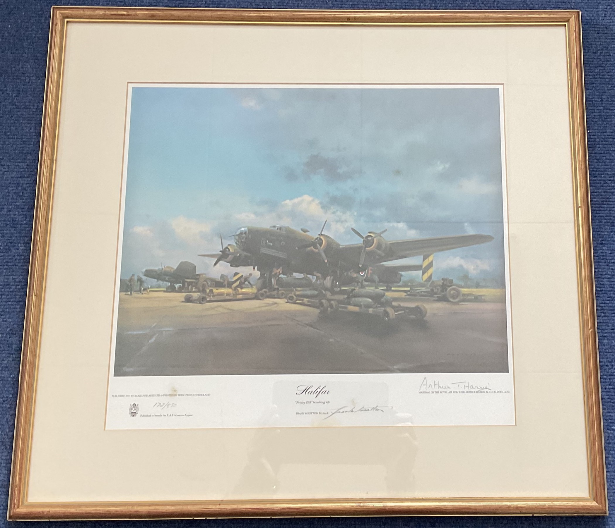 Arthur T Harris and Artist Frank Wootton Signed 172/850 Colour Print Titled Halifax Friday 13th