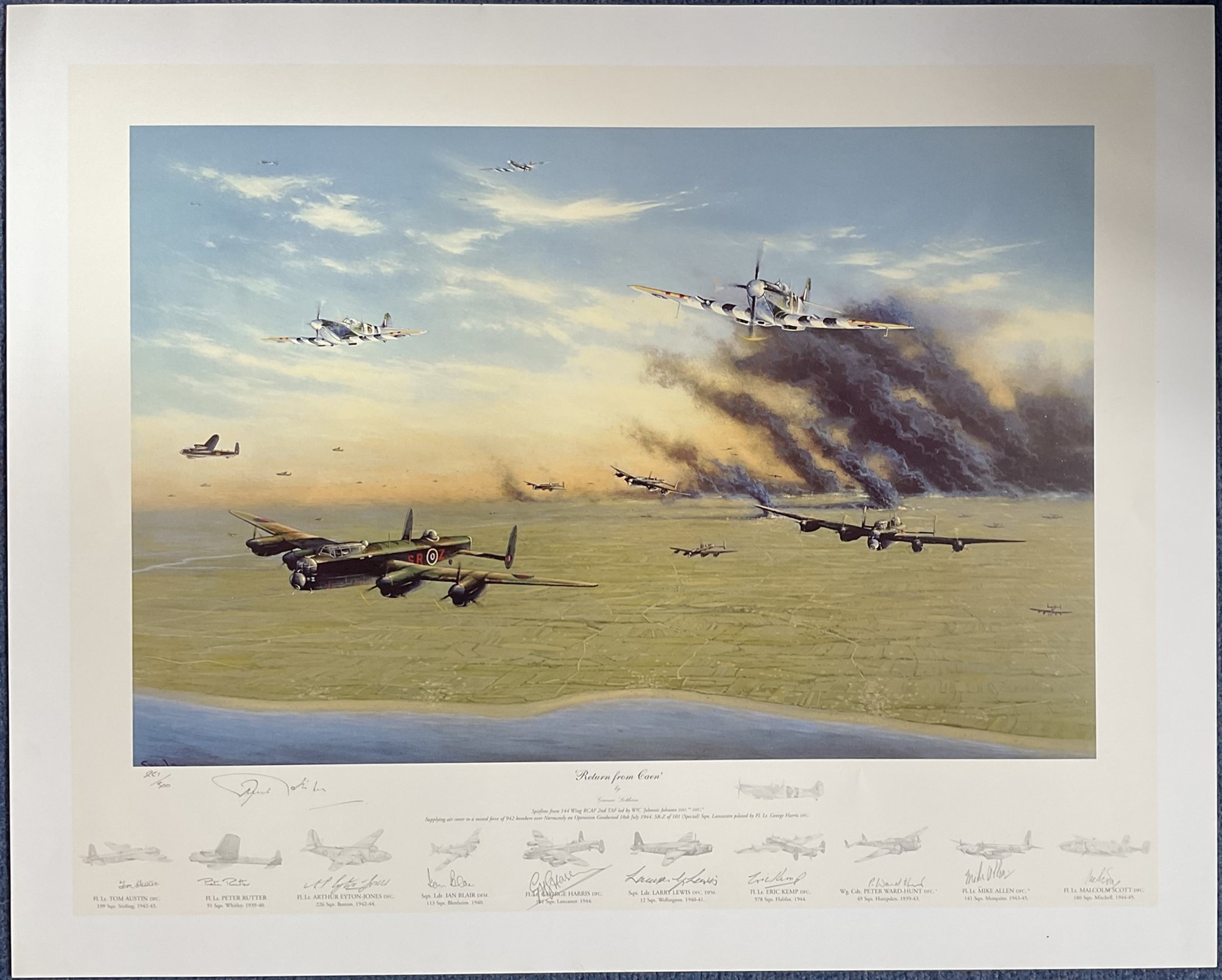 WWII Colour Print Return From Caen by Graeme Lothian Multi Signed by Tom Austin, Peter Rutter,