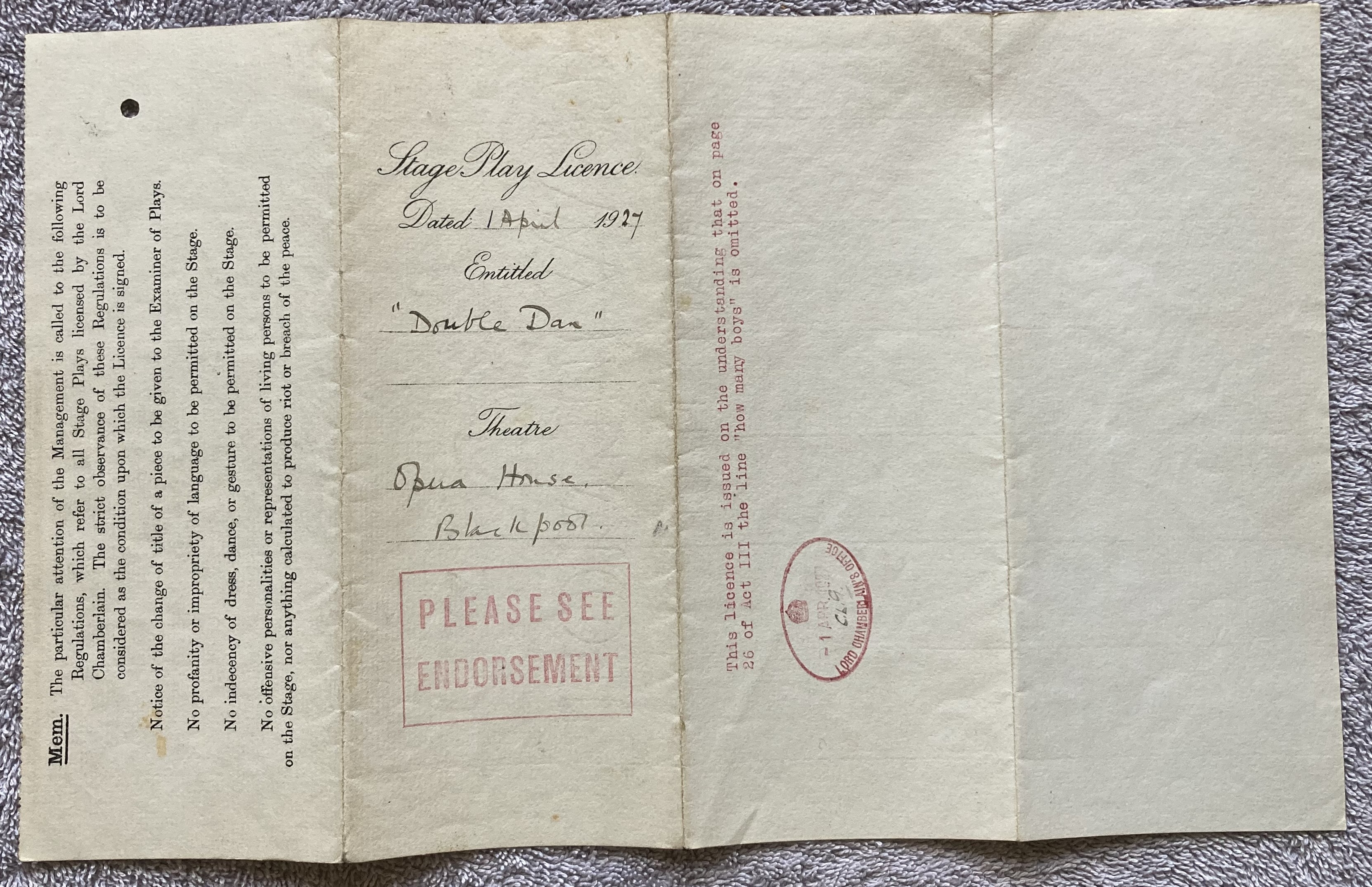 Licence to perform stage play dated 1927. Signed by the Lord Chamberlain (Lord Cromer). Note - Image 4 of 4