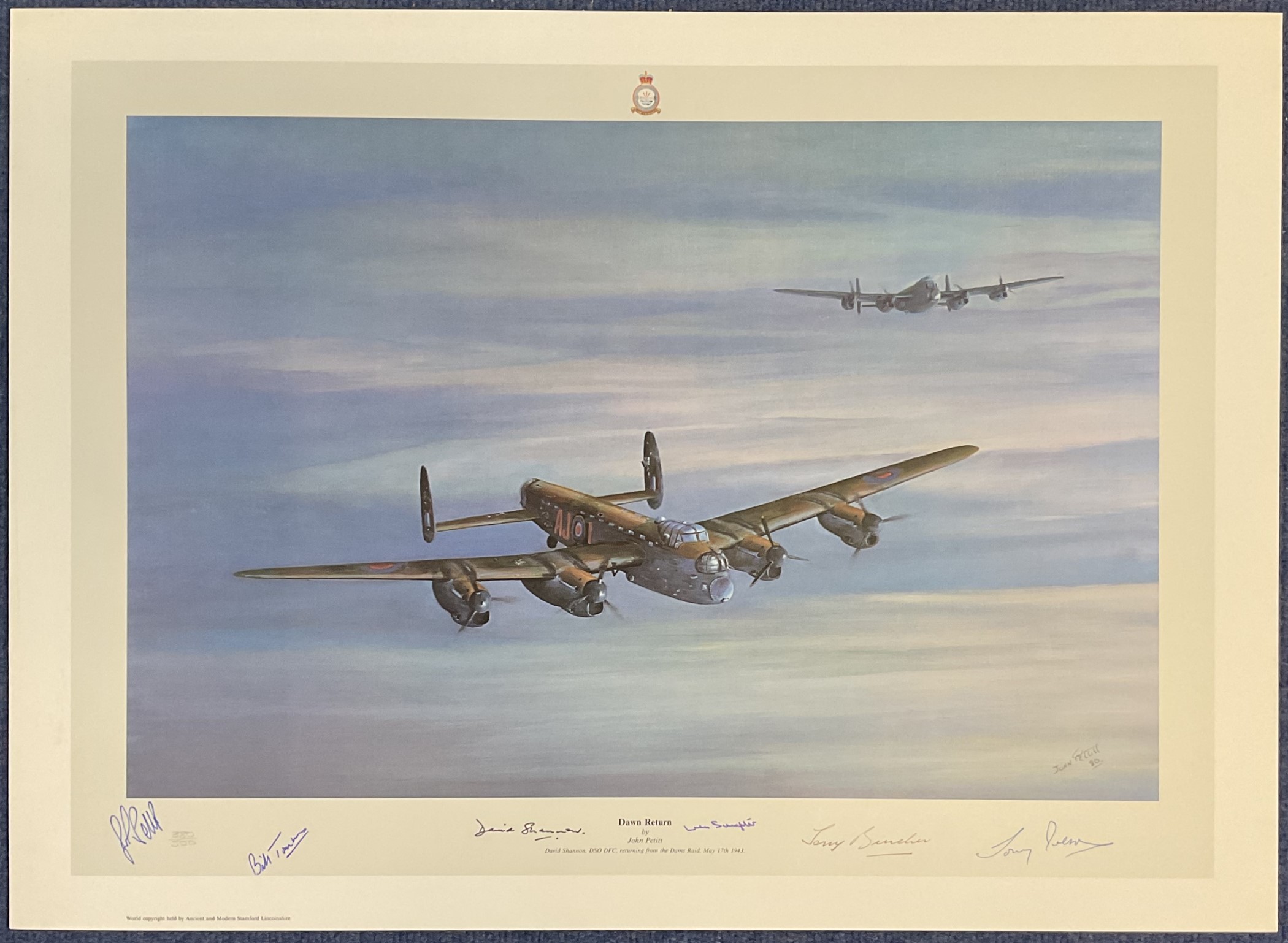 WWII Multi Signed John Pettitt Colour 27 x 19 inches Print Titled Dawn Returns 380/500. Signed by