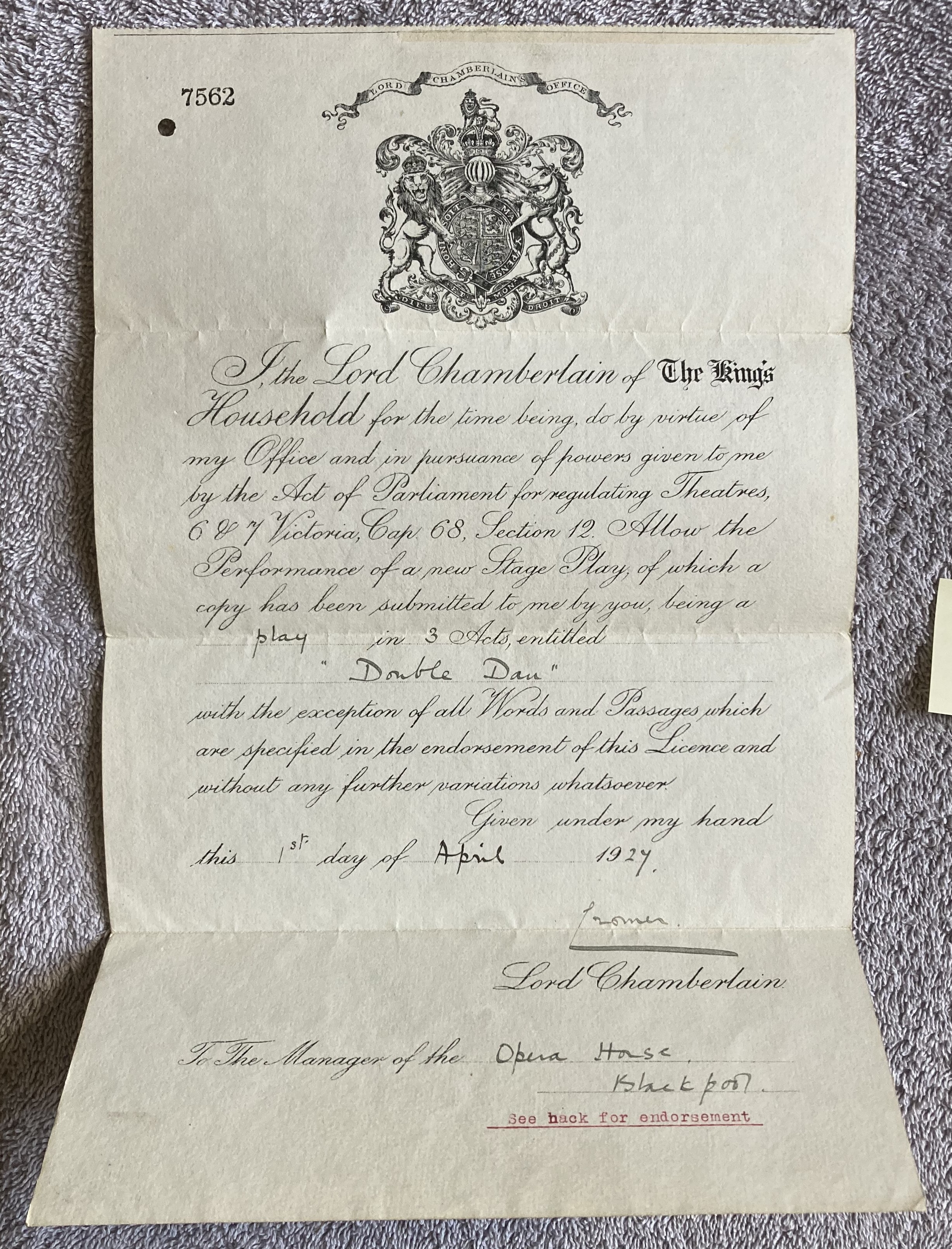 Licence to perform stage play dated 1927. Signed by the Lord Chamberlain (Lord Cromer). Note - Image 3 of 4