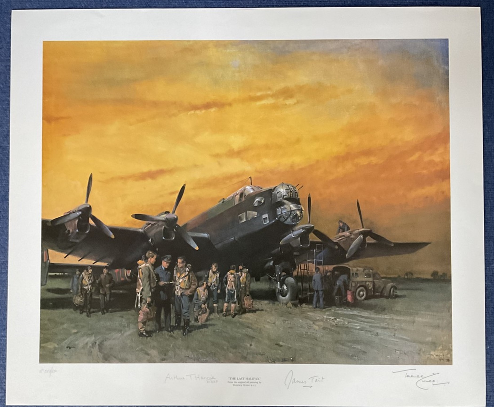 WWII Multi Signed The Last Halifax Colour Print by Terence Cuneo. 553/ 850. Signatures include