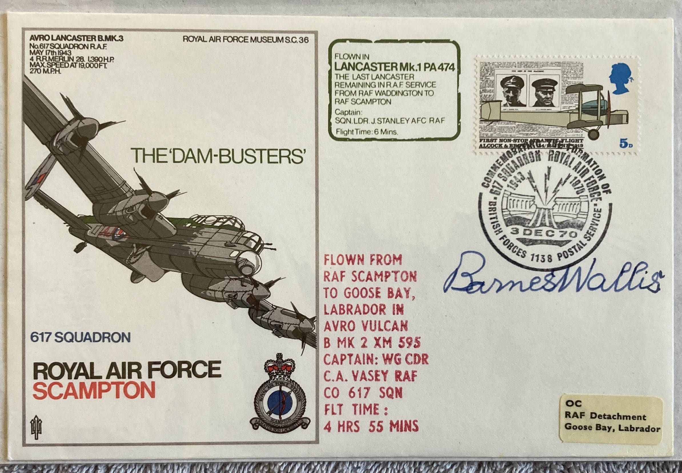 Barnes Wallis signed rare SC36, RAF Scampton Avro Lancaster cover, The Dambusters 617 sqn. Sir