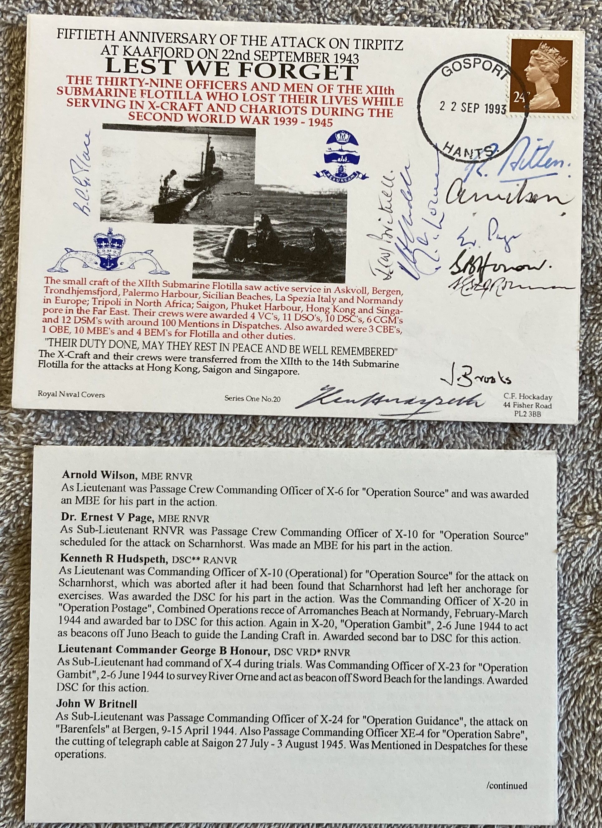 WW2 Navy 50th ann Tirpitz attack multiple X craft signed cover. Rare cover signed Tirpitz X craft