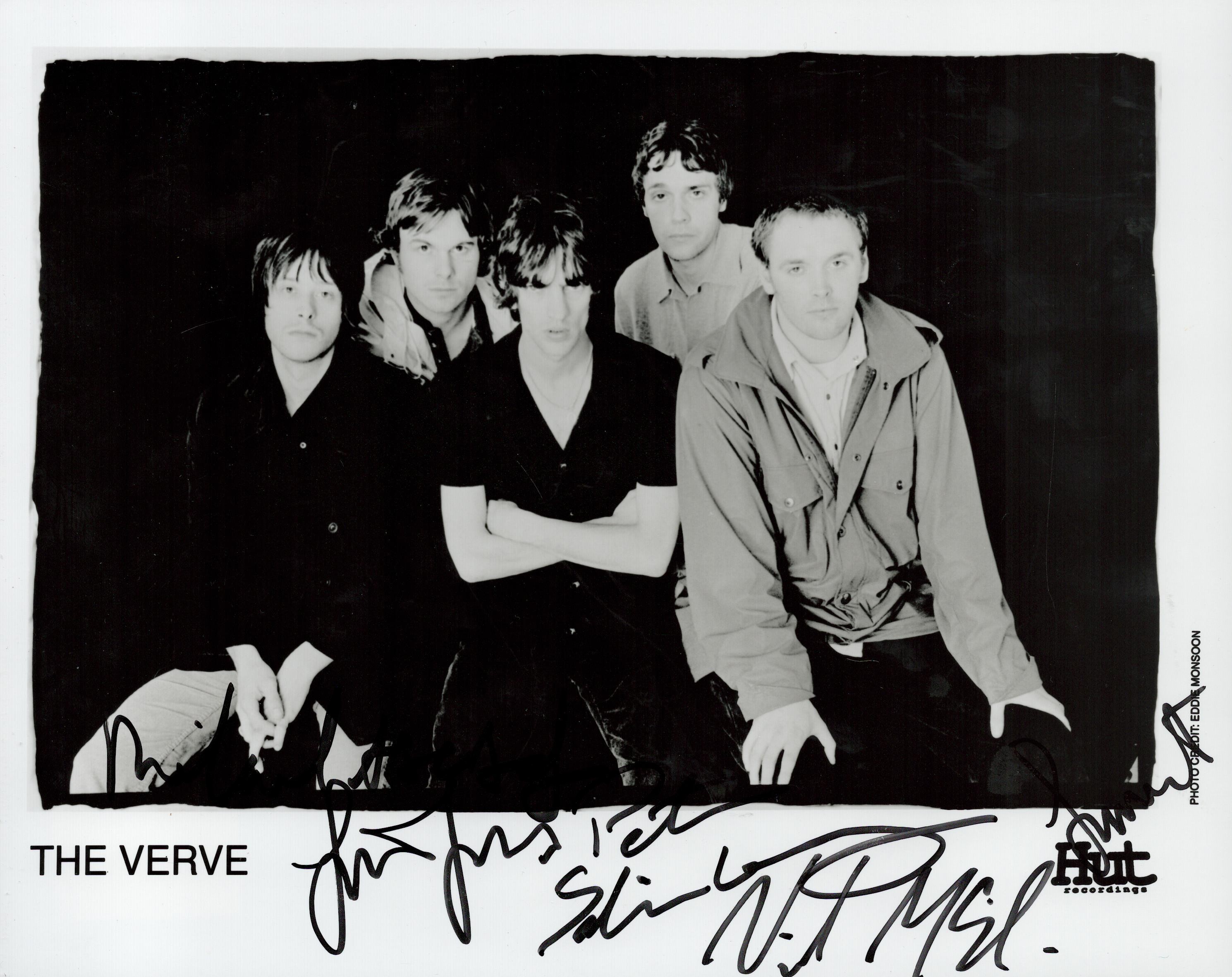The Verve multi signed 10x8 black and white promo photo includes all five band members Richard