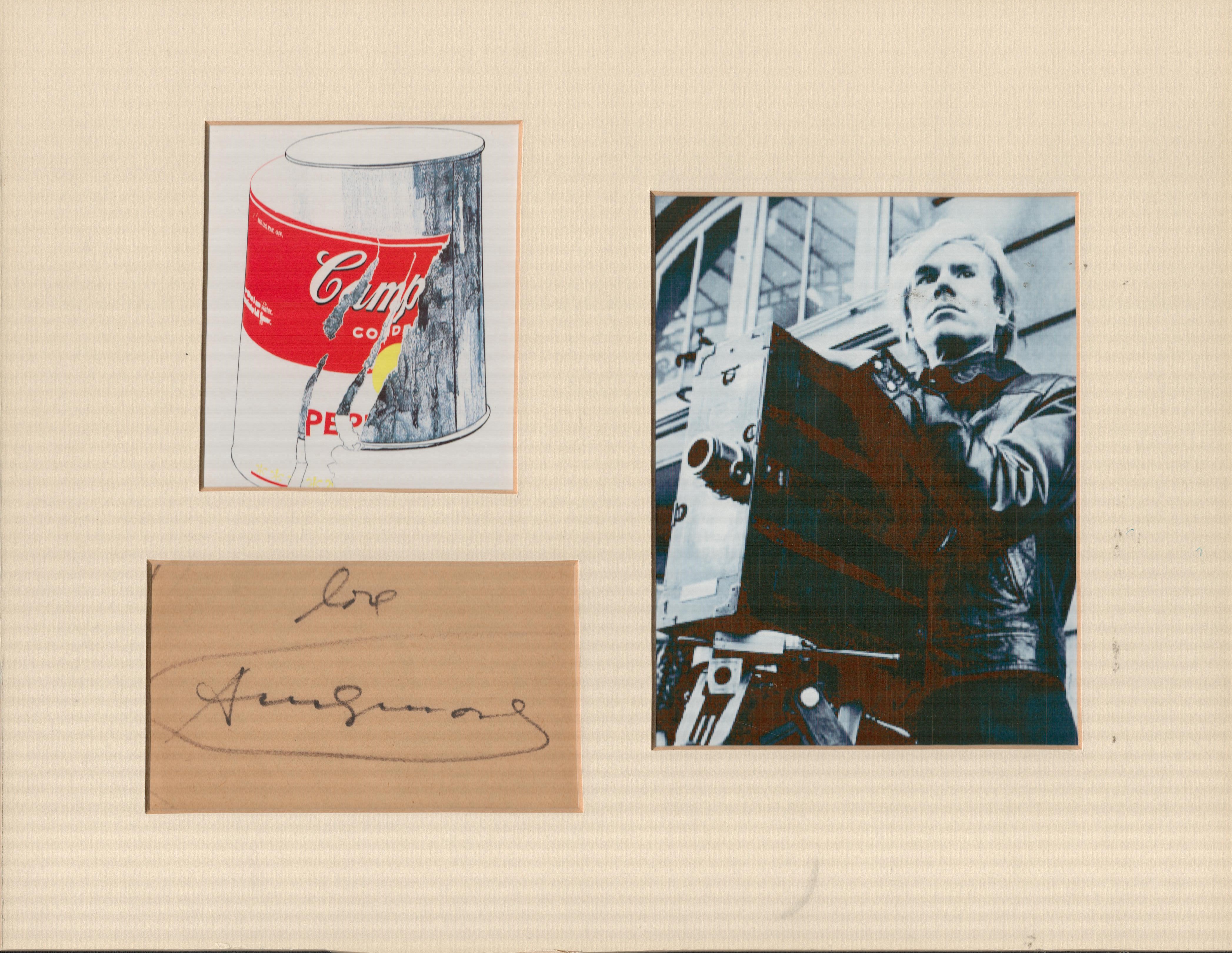 Andy Warhol 14x11 mounted signature piece includes signed album page and photo. Good condition.