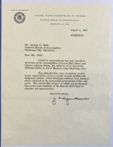 FBI director J Edgar Hoover signed 1967 typed letter to George Robb, a commendation for him