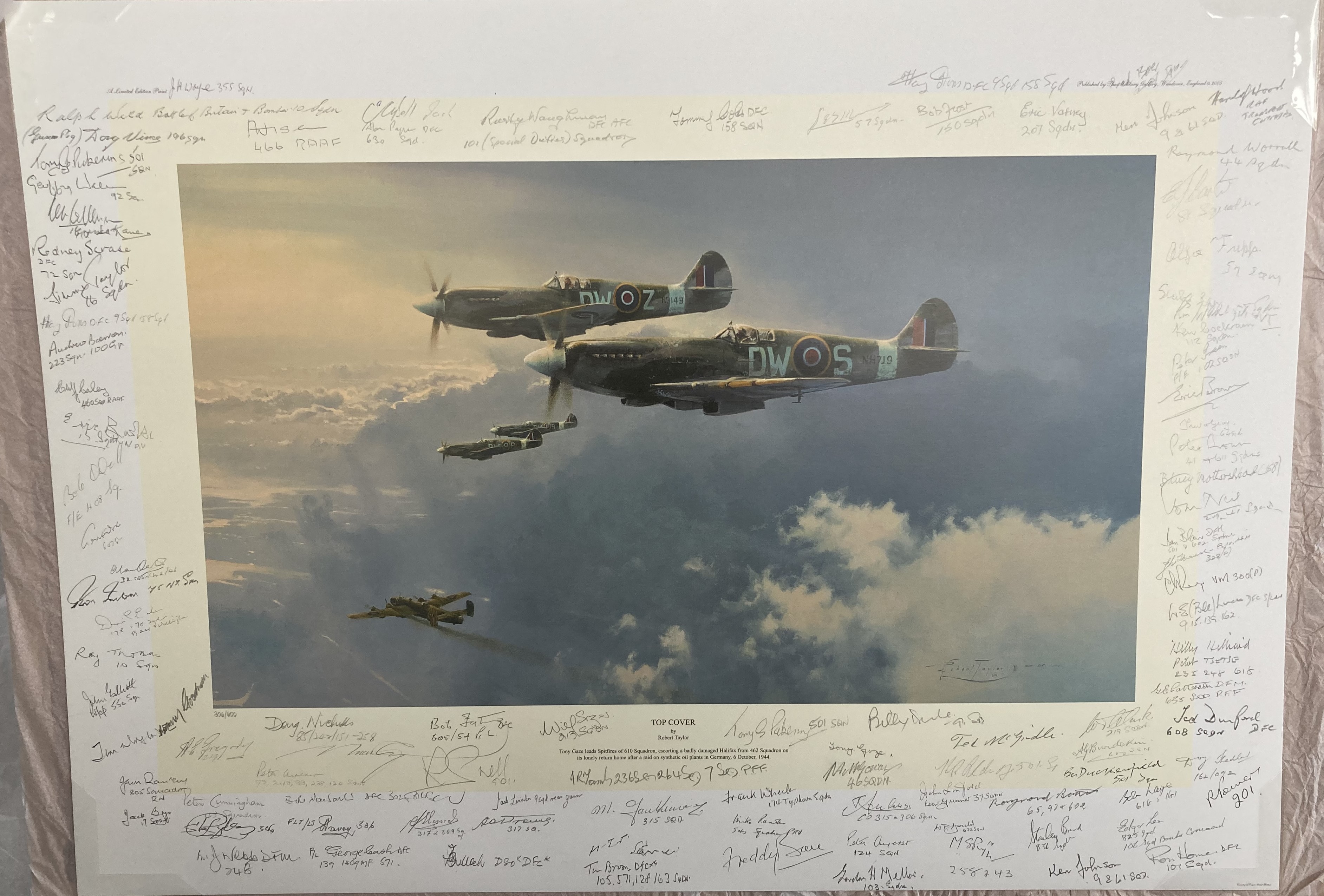 Top Cover Robert Taylor print signed by 93 WW2 fighter, bomber and Battle of Britain aces. A