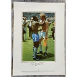 Football legend Pele signed 16 x 12 inch colour photo with Bobby Moore. Good condition. All