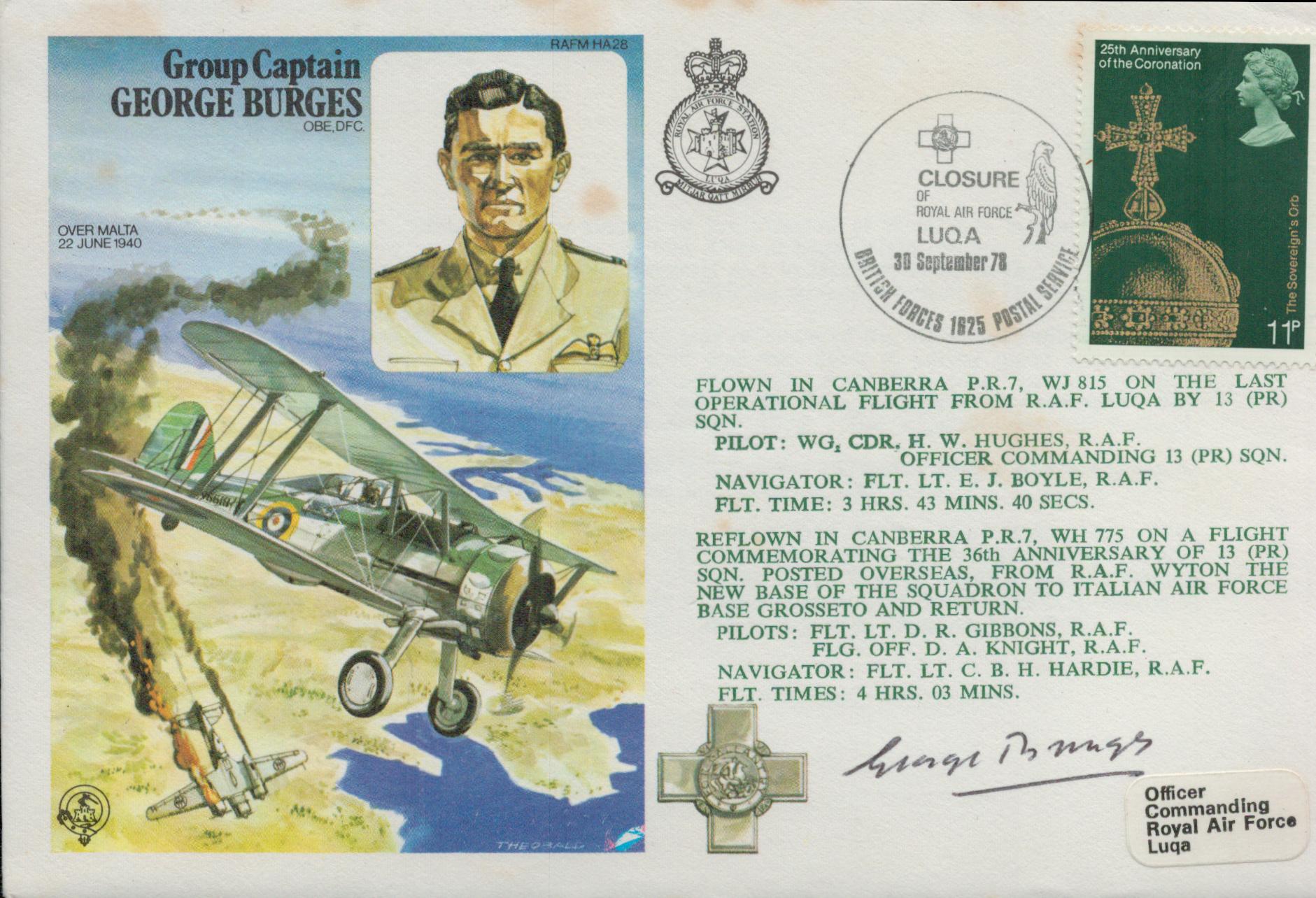 Group Captain George Burges OBE DFC Signed on his own First Day Cover. British Stamp with 30 Sept 78