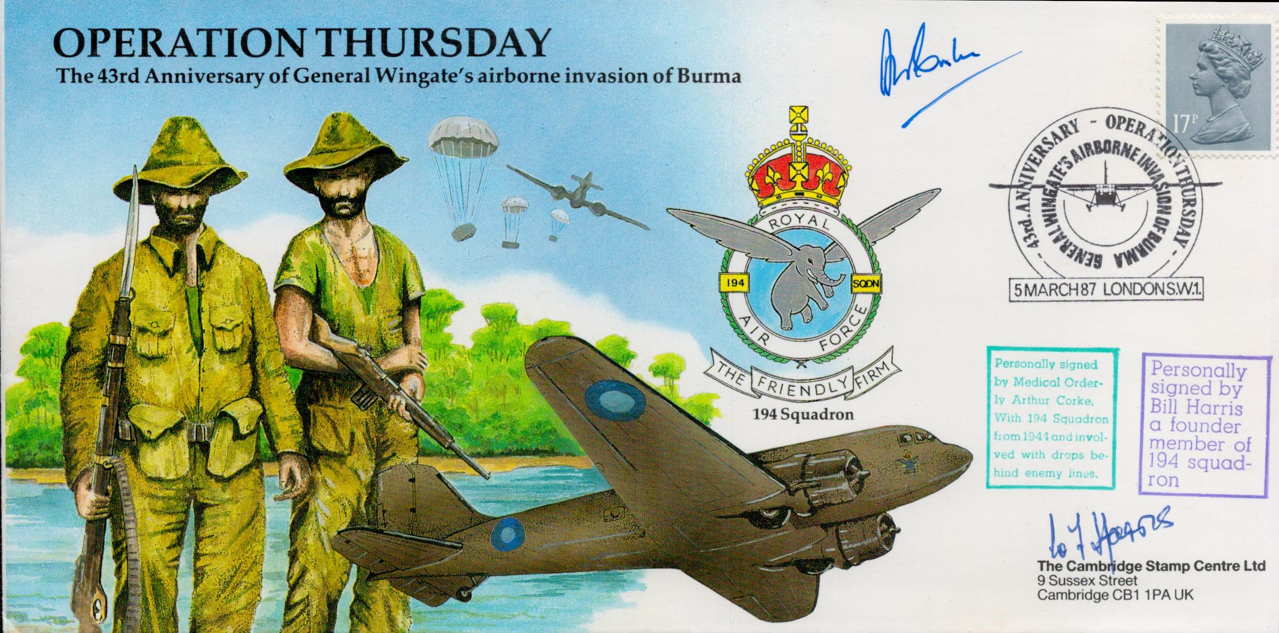 Arthur Corke and Bill Harris Signed Operation Thursday First Day Cover. British stamp with 5 March