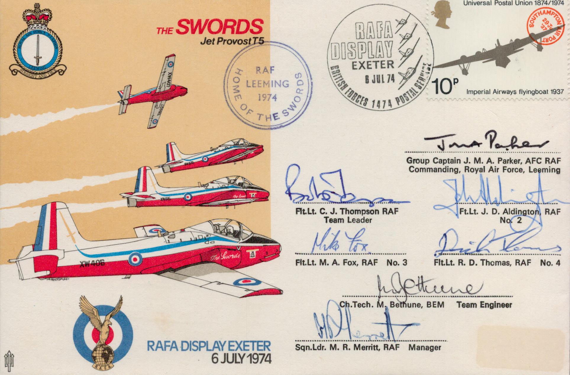 The Swords Jet Provost T5 Display Team Multi Signed FDC. British Stamp with 6 Jul 74 Postmark.
