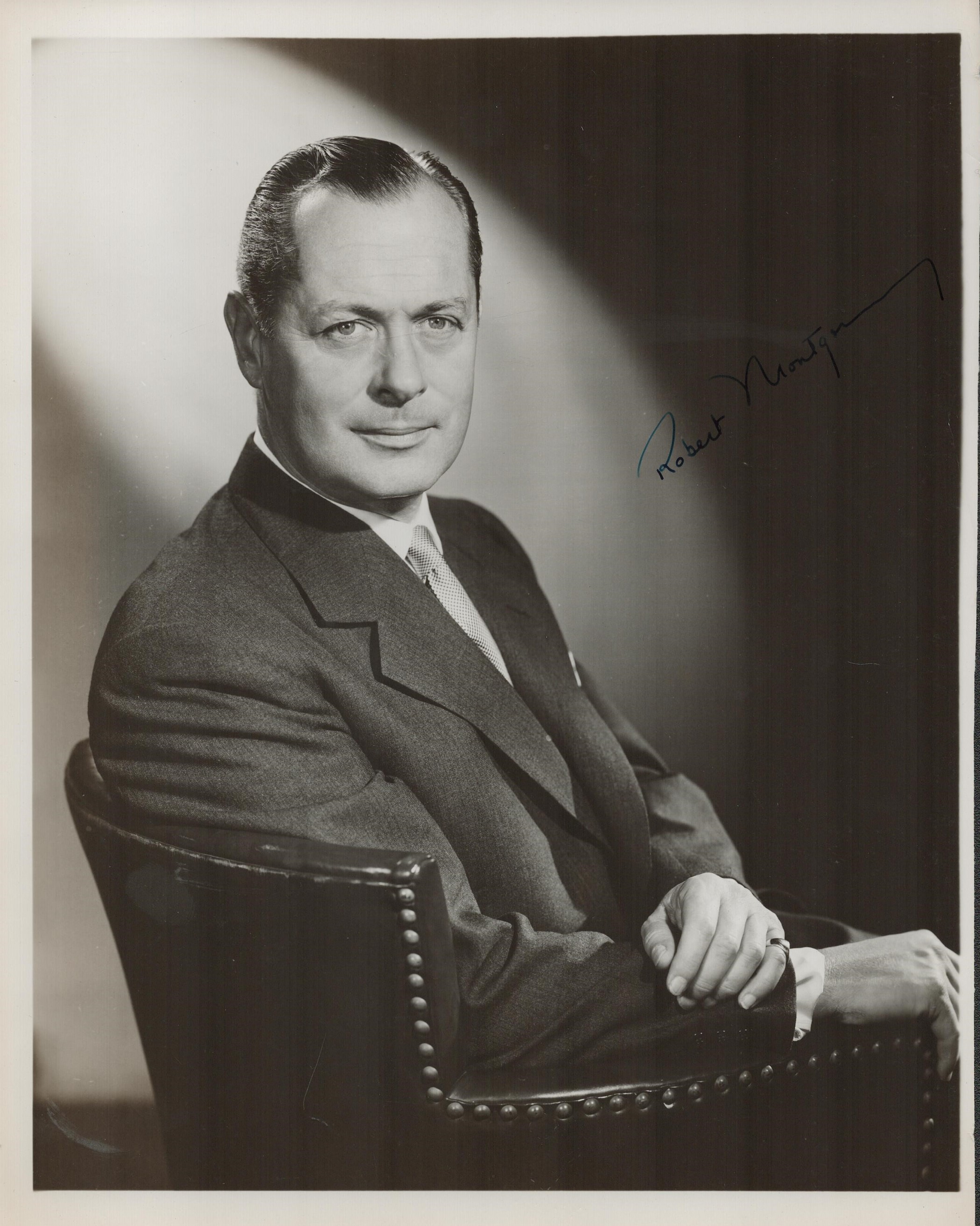 American Actor Robert Montgomery Signed 10 x 8 inch Vintage Black and white photo. Signed in blue