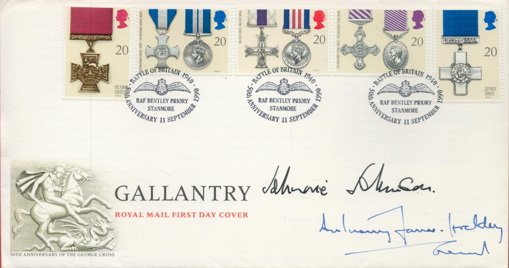 WW2 RAF AVM Johnnie Johnson and 1 other Signed Gallantry Royal Mail First Day Cover with Three 11