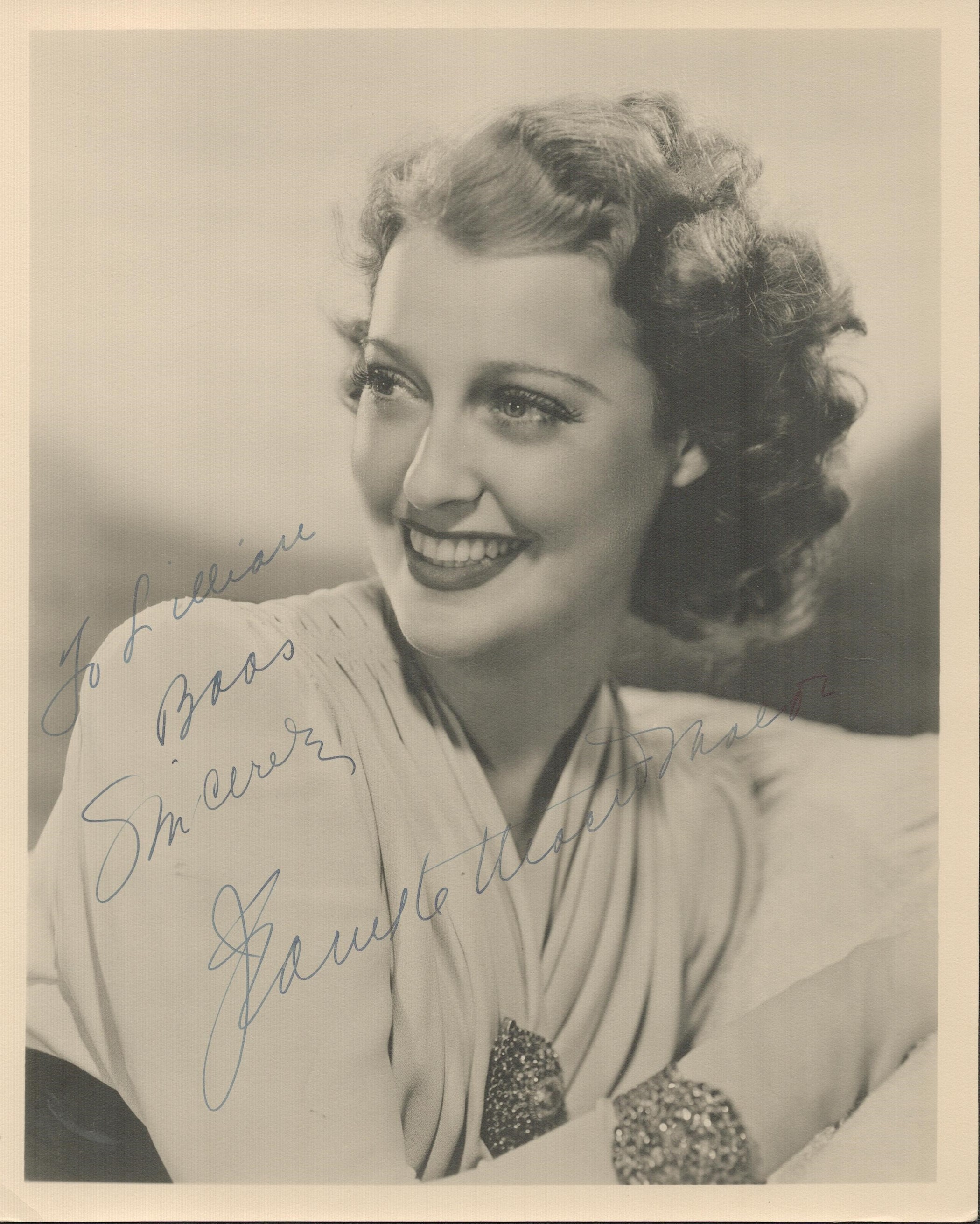 American Singer and Actress Jeanette Macdonald Signed 10 x 8 inch Vintage Black and White Photo.