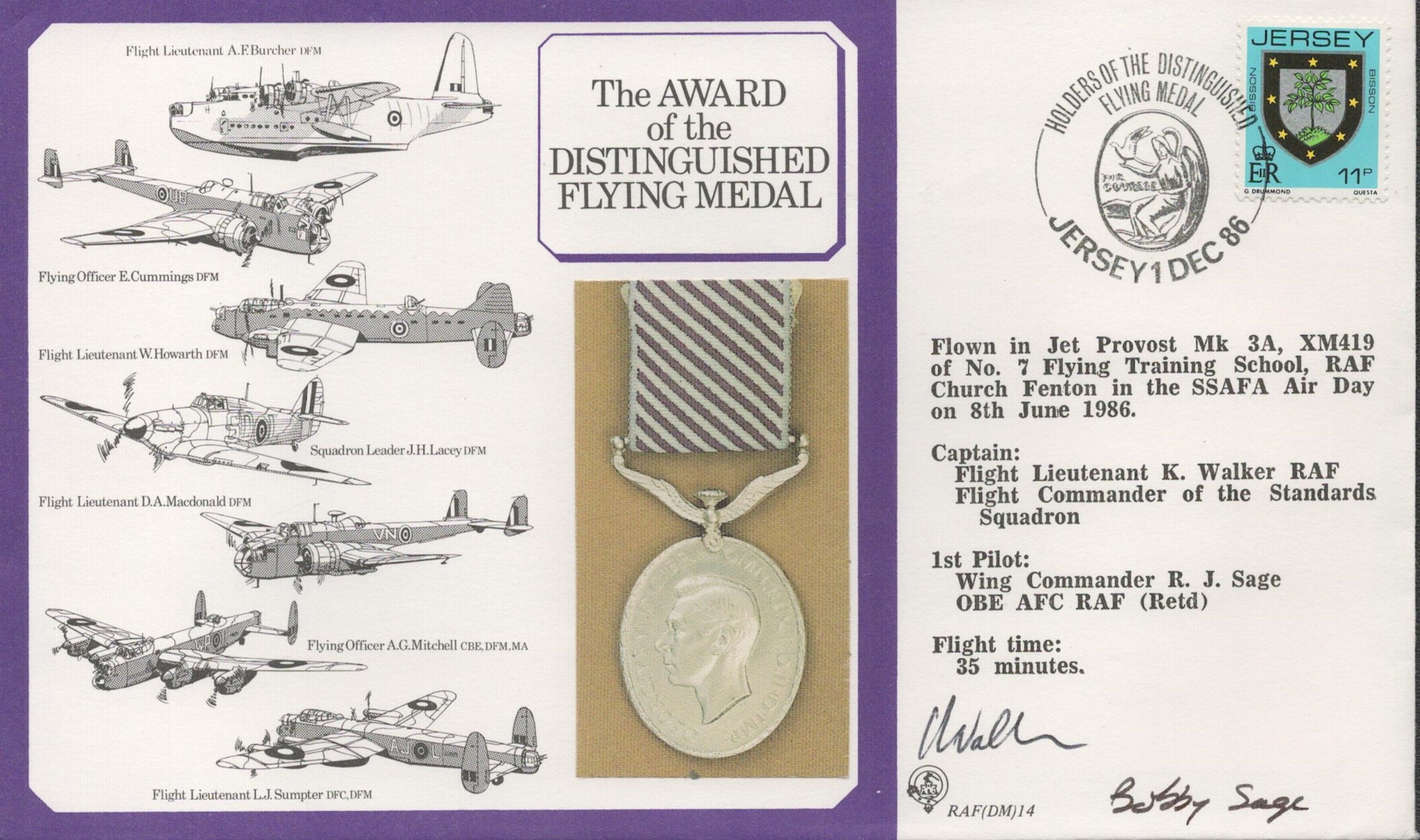 Flt Lt K Walker and Wg Cdr Bobby Sage OBE AFC Signed The Award of the Distinguished Flying Medal