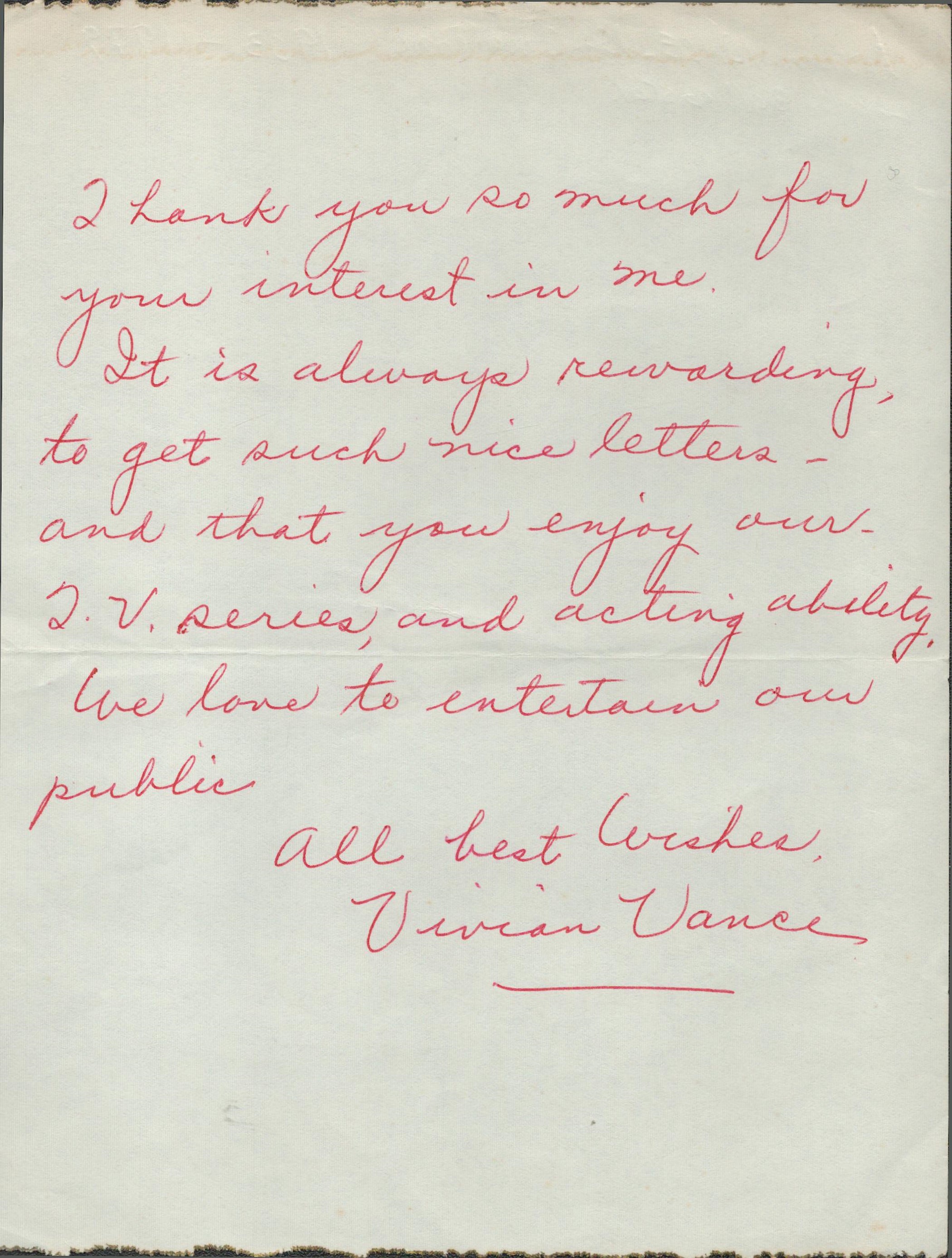 American Singer Vivian Vance Handwritten Note, Signed. Written and Signed in Red Ink. Showing