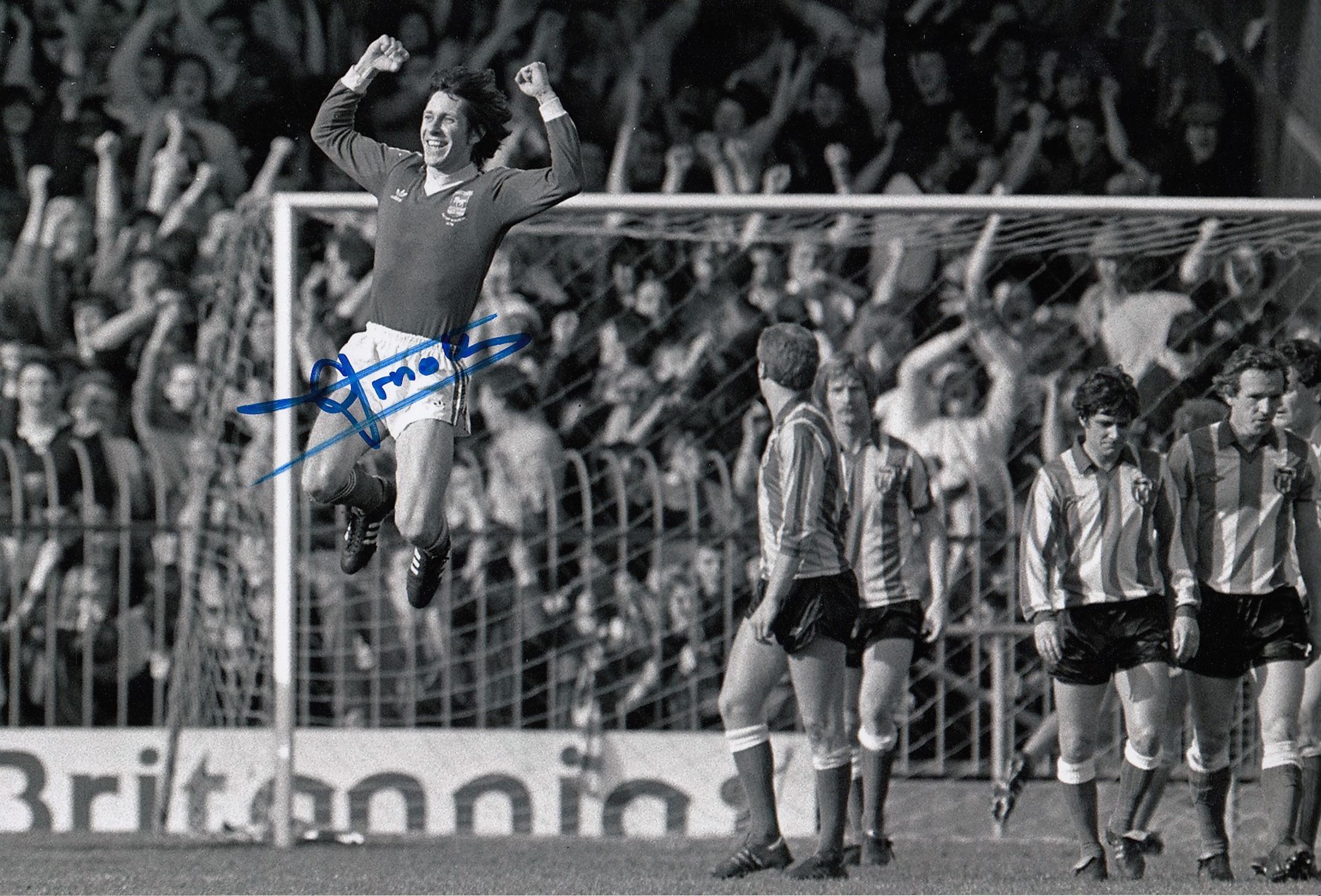 Autographed Arnold Muhren 12 X 8 Photo: B/W, Depicting Ipswich Town's Arnold Muhren Jumping With Joy