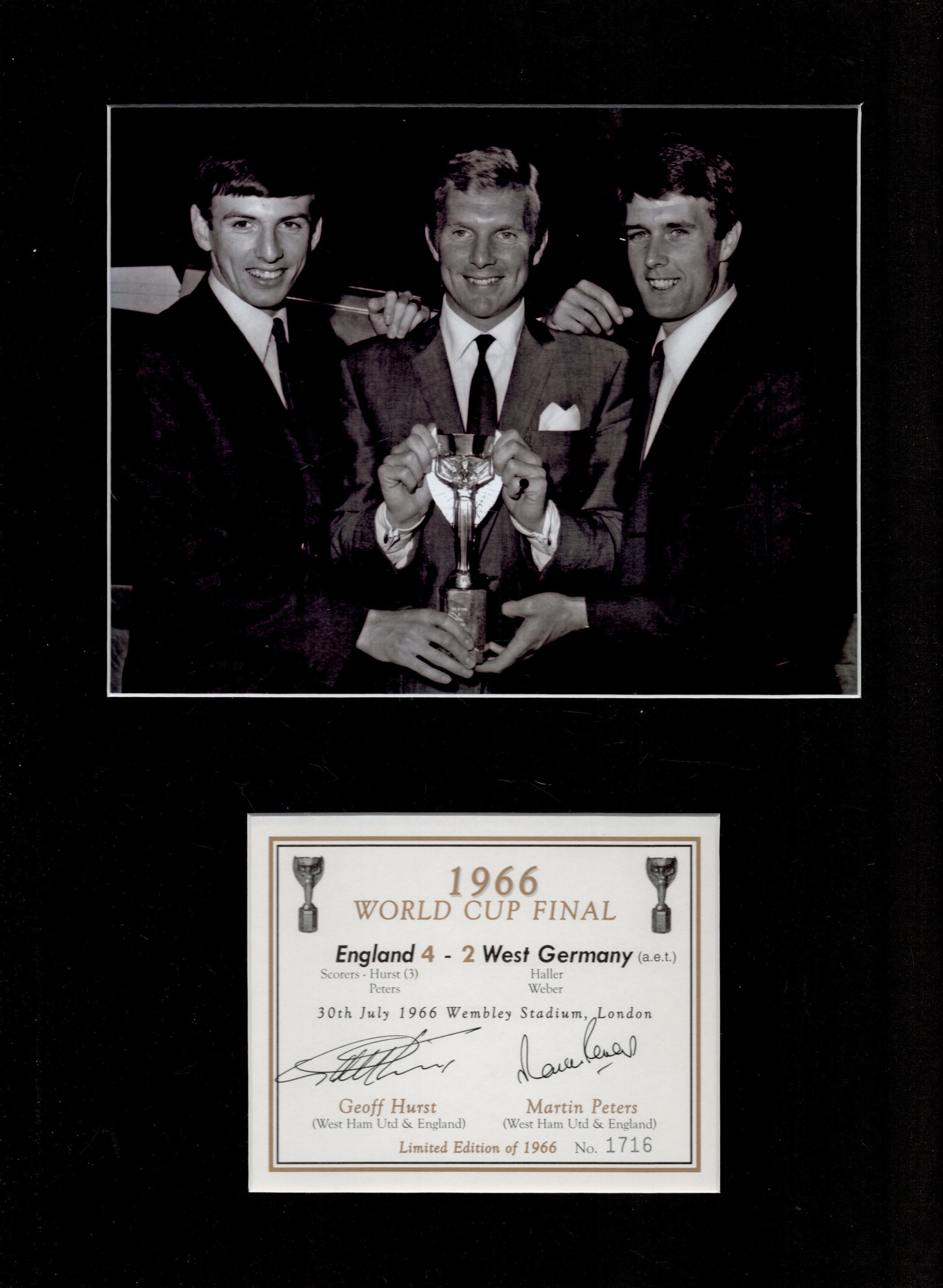 1966 Legends Geoff Hurst and Martin Peters Signed 1966 Winning Scorecard With Black and White Photo,