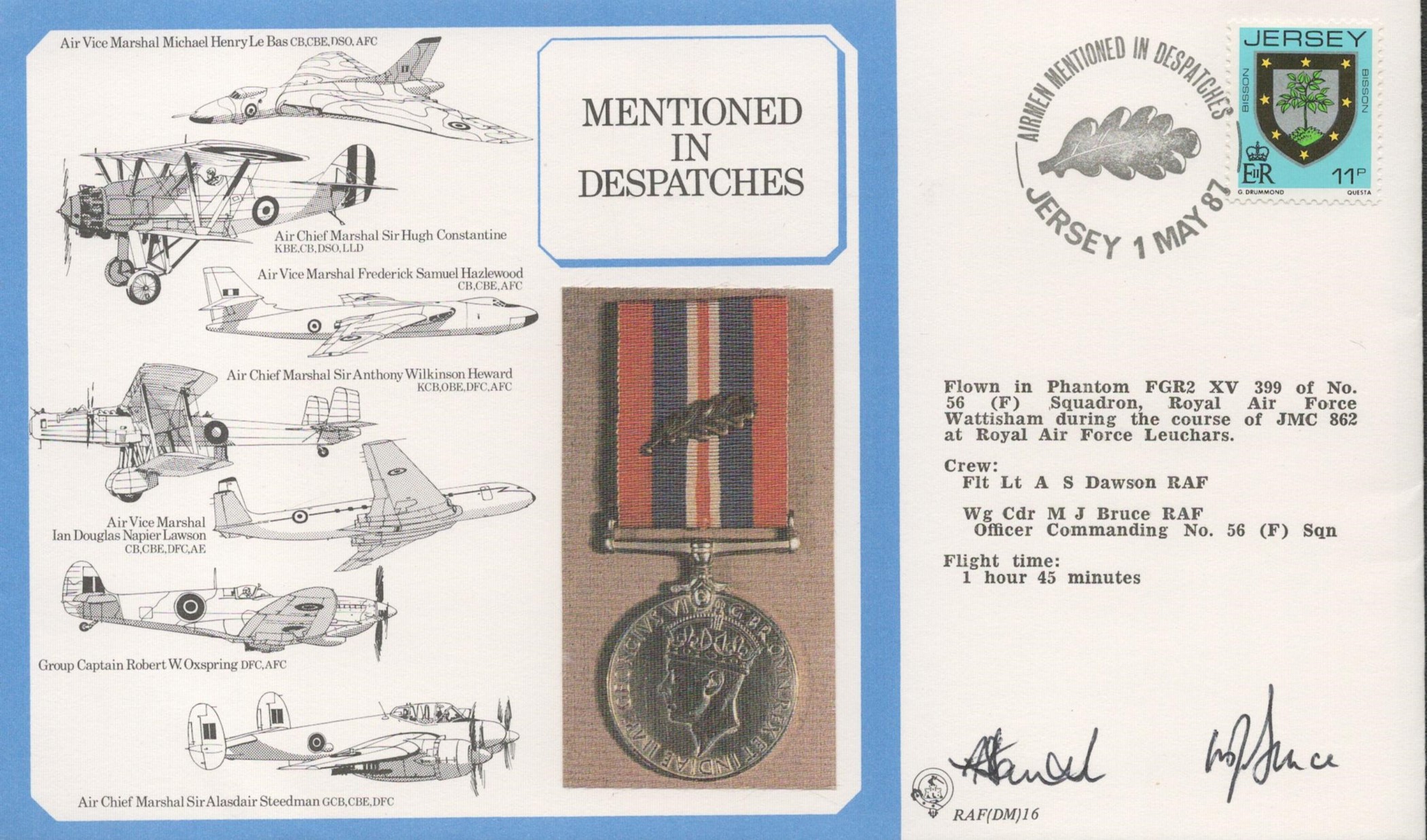 Flt Lt A Dawson and Wg Cdr MJ Bruce Signed Mentioned in Despatches FDC With Jersey Stamp and PM.