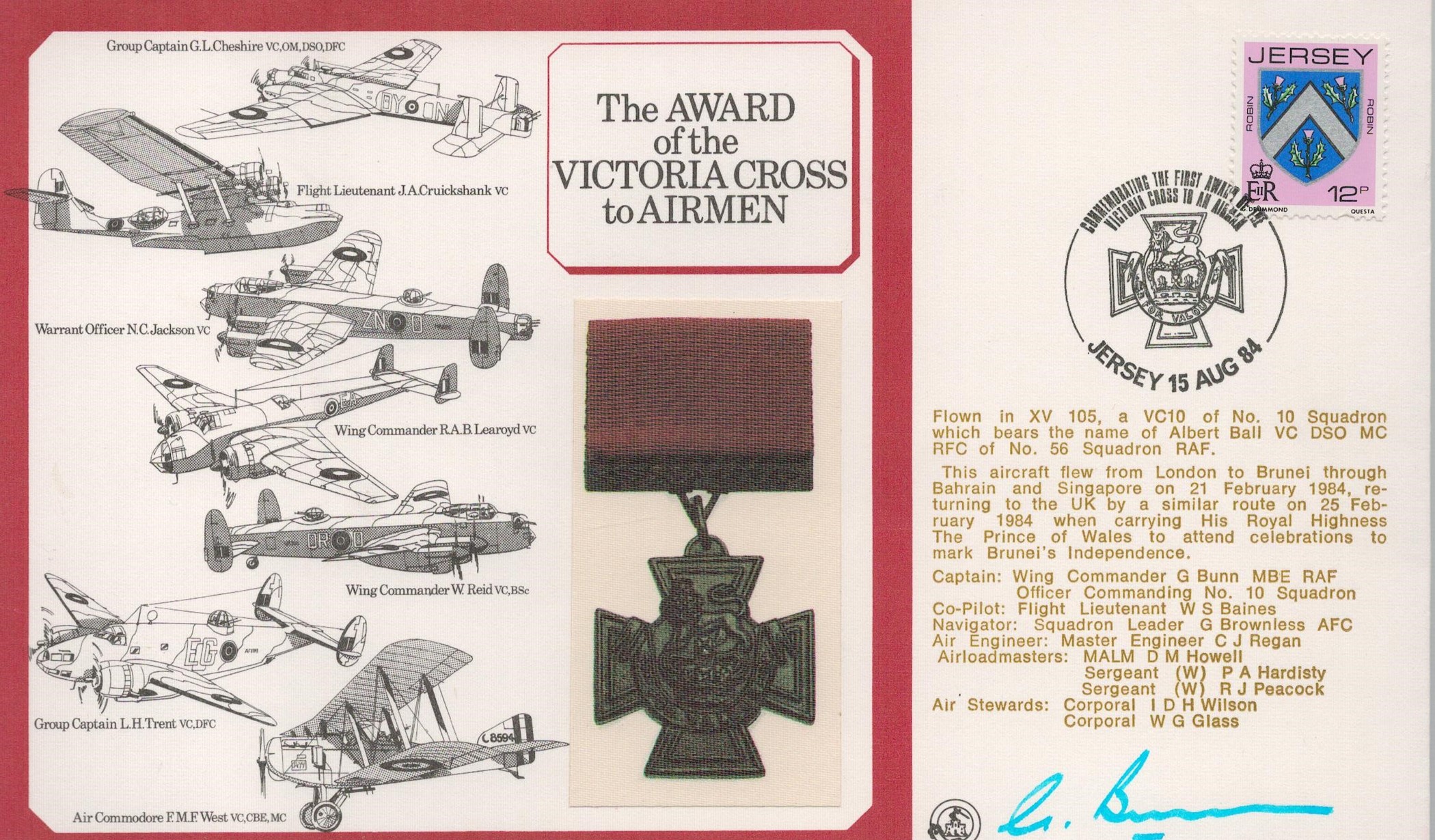 Wg Cdr G Bunn Signed The Award of the Victoria Cross to Airmen FDC With Jersey Stamp and Postmark.
