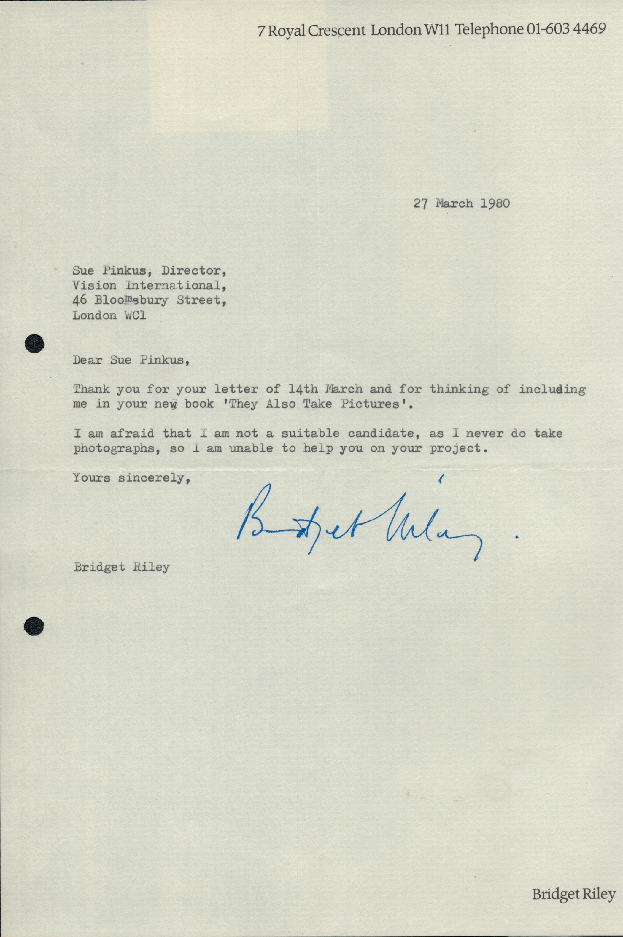 Bridget Riley TLS dated 27/3/1980 regarding inclusion in bookAll autographs come with a