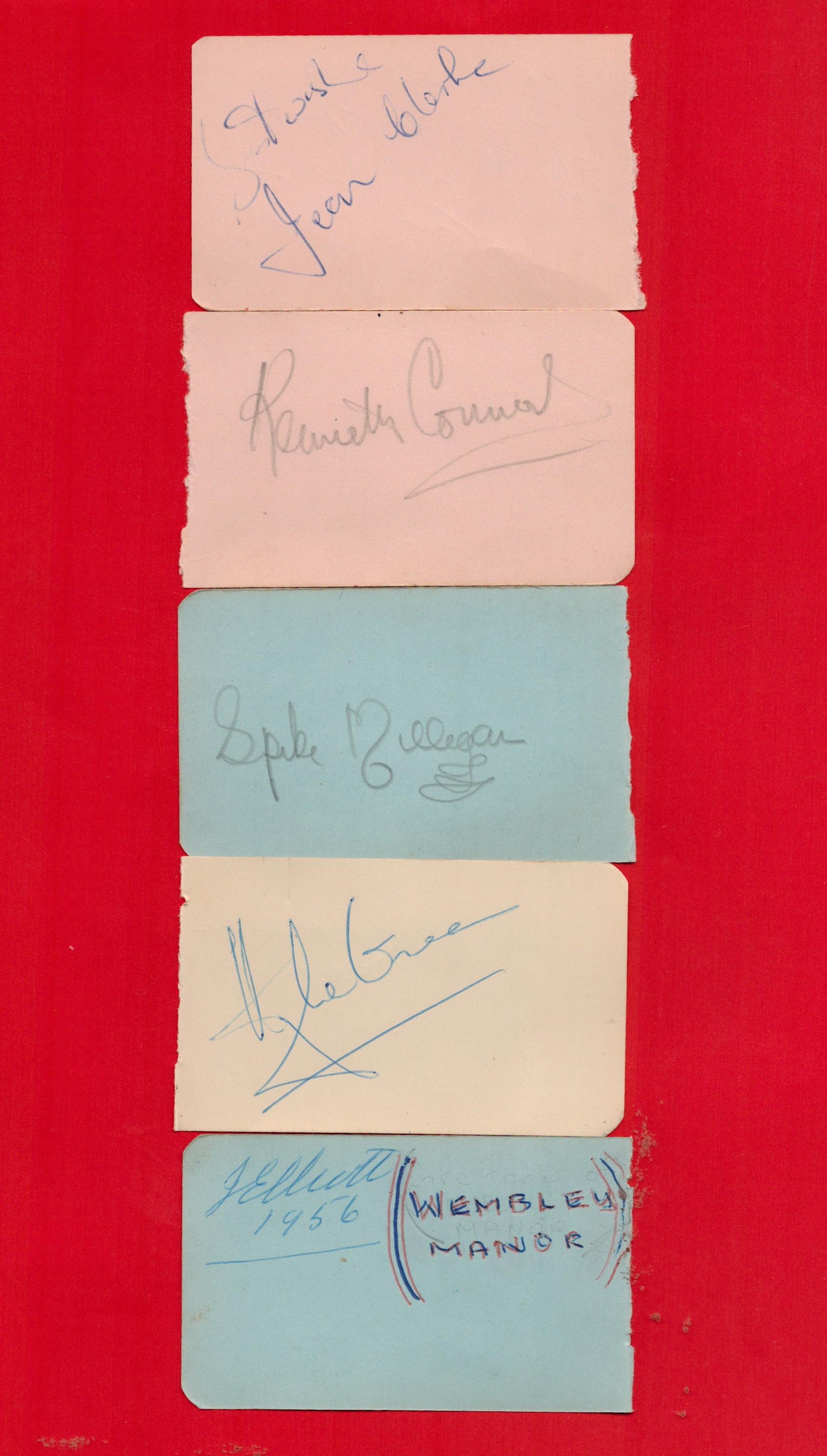 Entertainment collection Five small pages removed from an autograph book with the signatures of