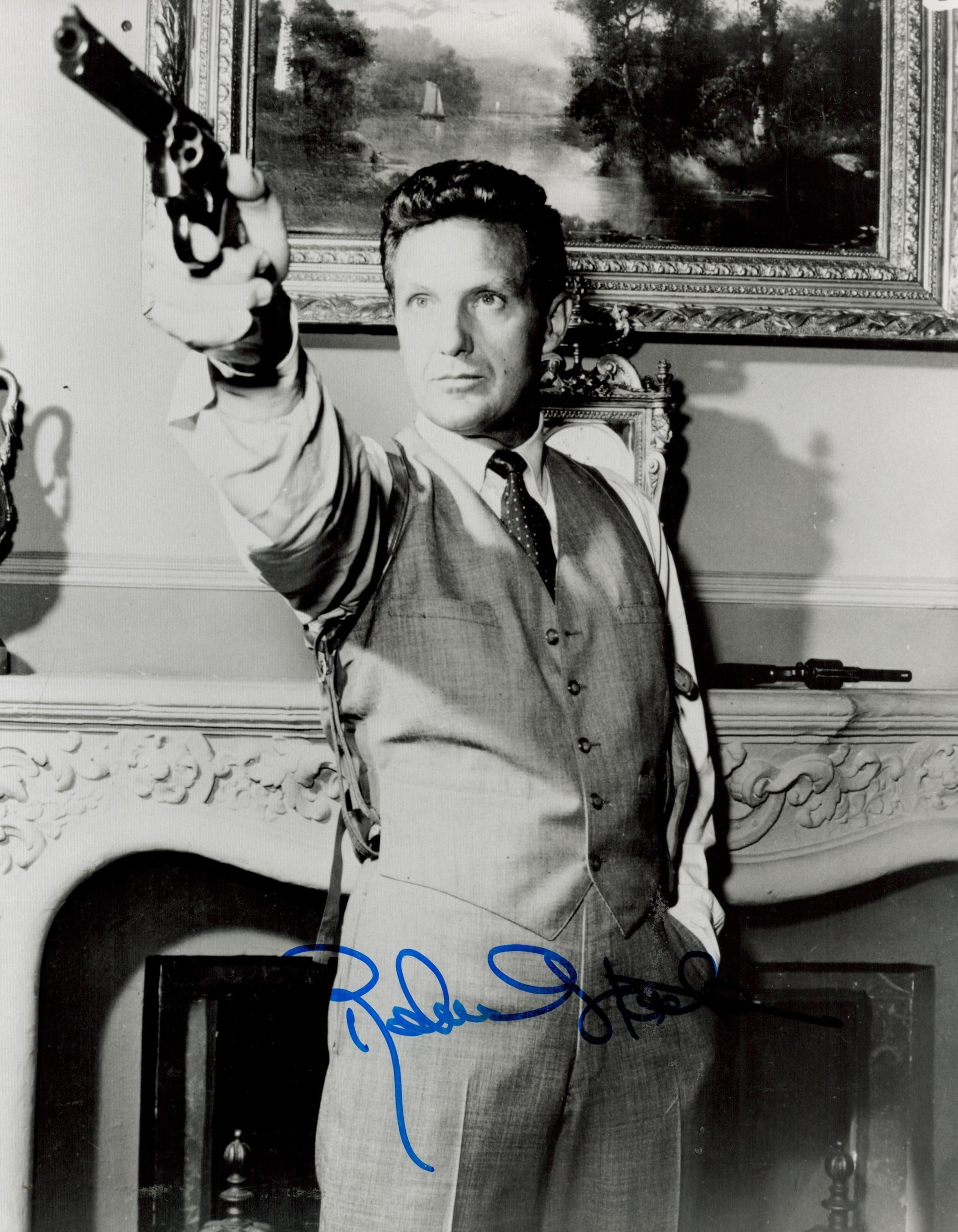 Robert Stack signed 10x8 black and white photograph in character as Eliot Ness from the TV series '