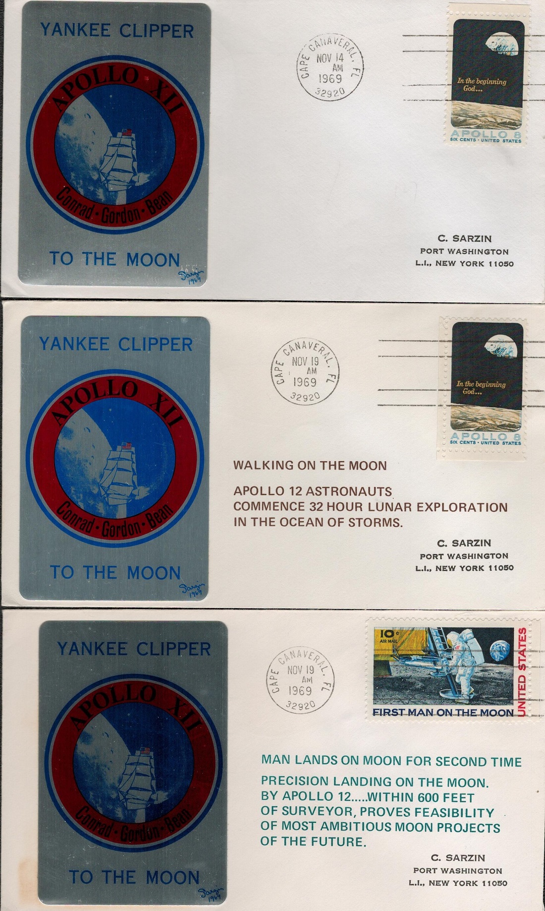 Apollo 12 three unsigned first day covers each with identical silver 'Yankee Clipper To The Moon'