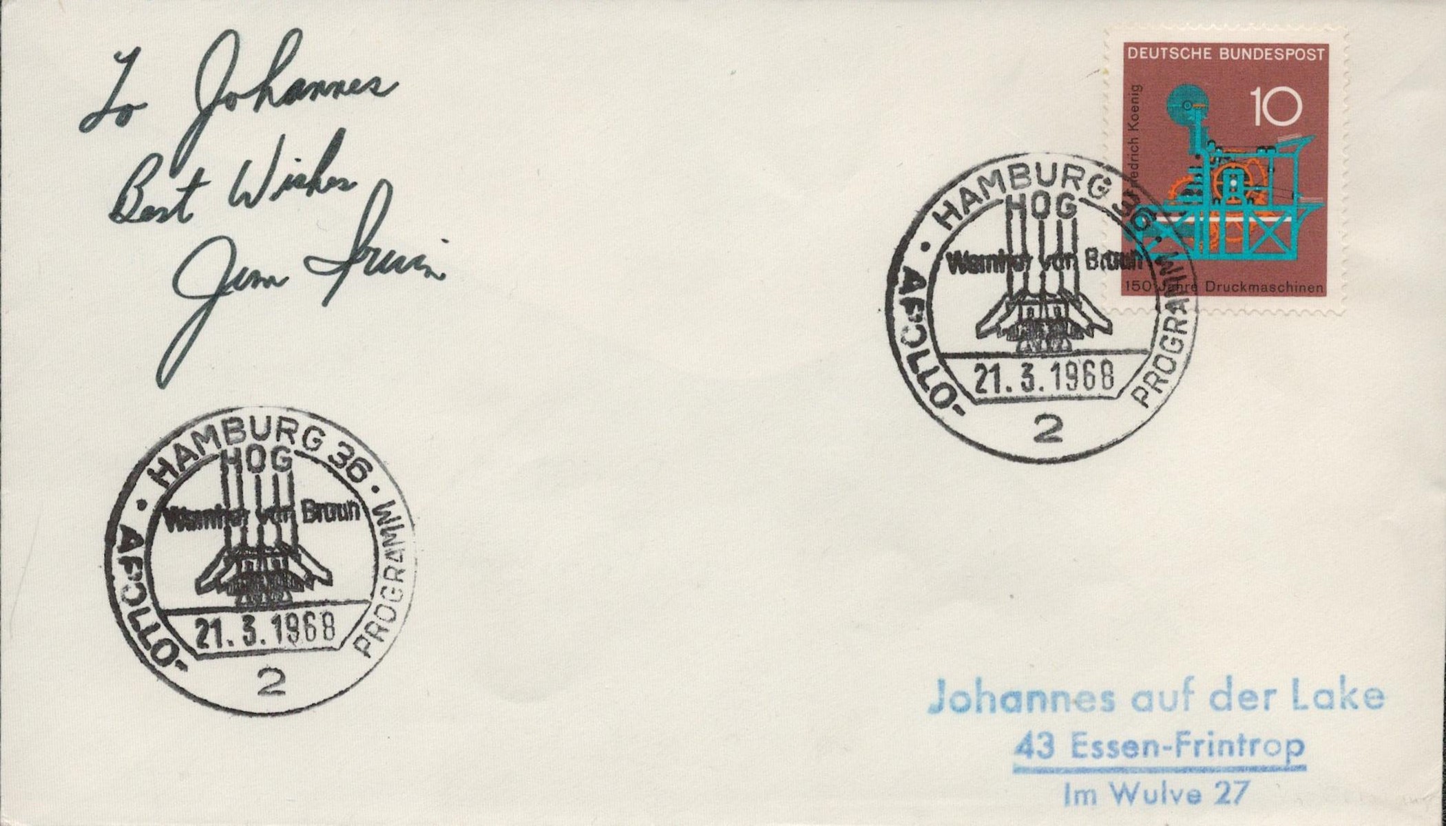 James Irwin signed first day cover with stamped cancellation date Hamburg 21/3/68 commemorating