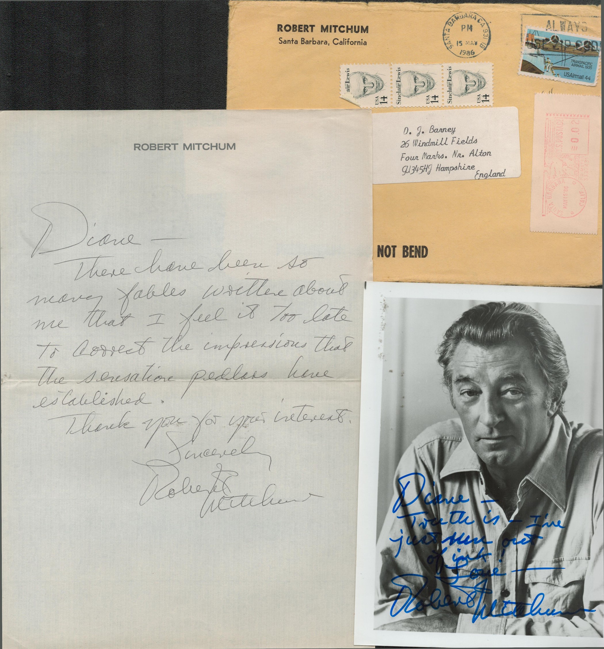 Robert Mitchum large ALS (undated but from May 1986 as per mailing envelope) with interesting