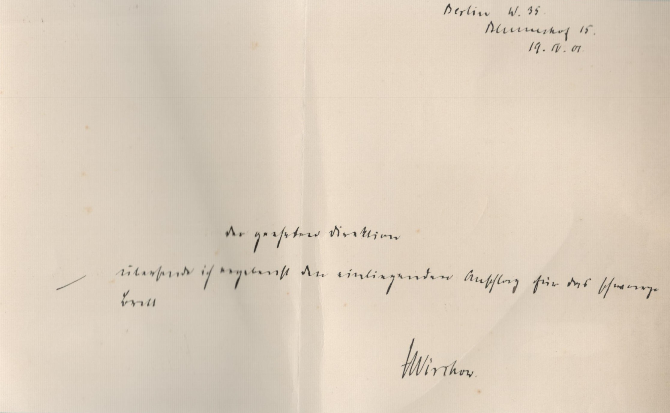 Hans Virchow signed 5x8IN note. Virchow was a German physician, anthropologist, pathologist, - Image 2 of 2