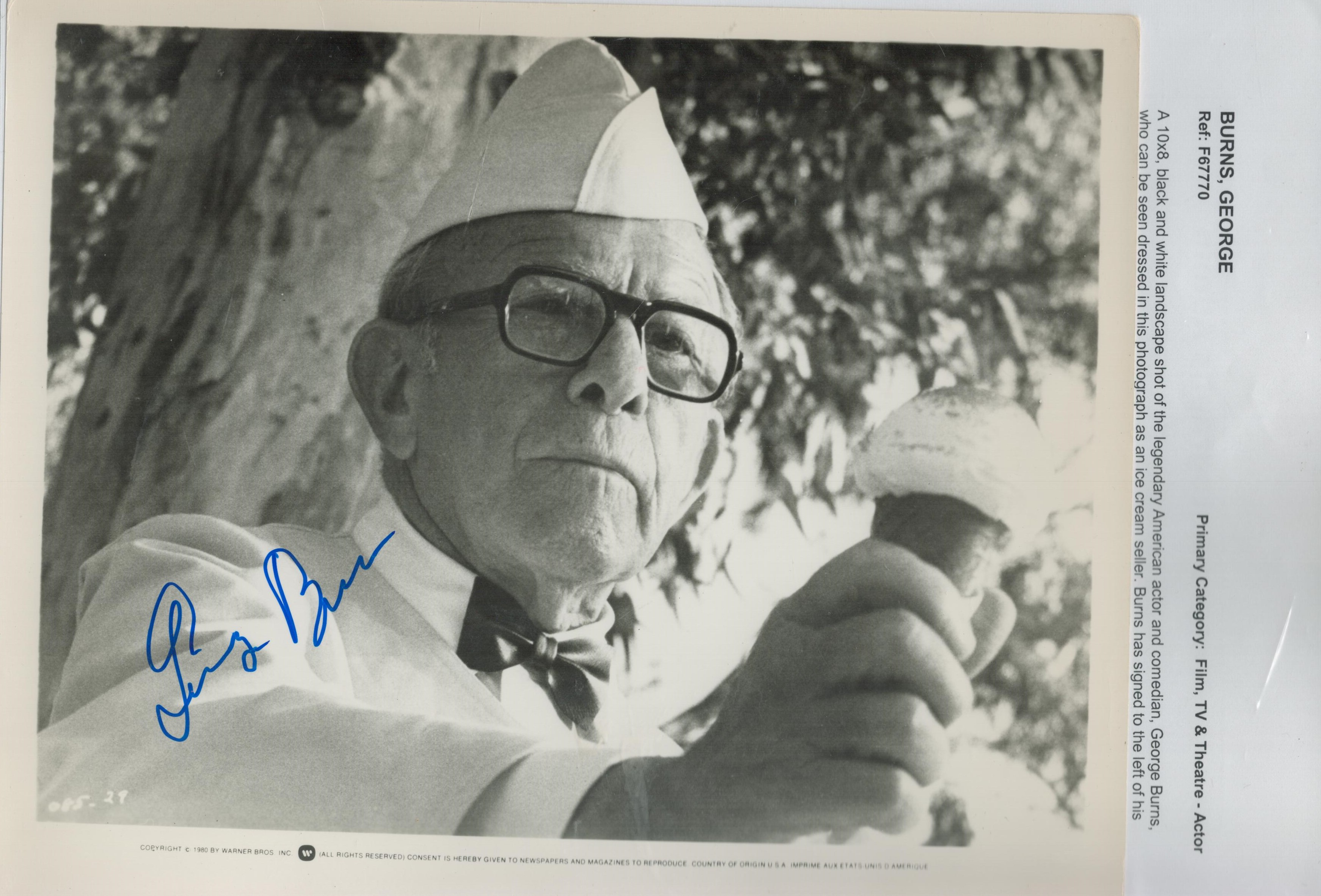 George Burns signed 10x8 inches black and white vintage promo photo signed in blue felt ink across