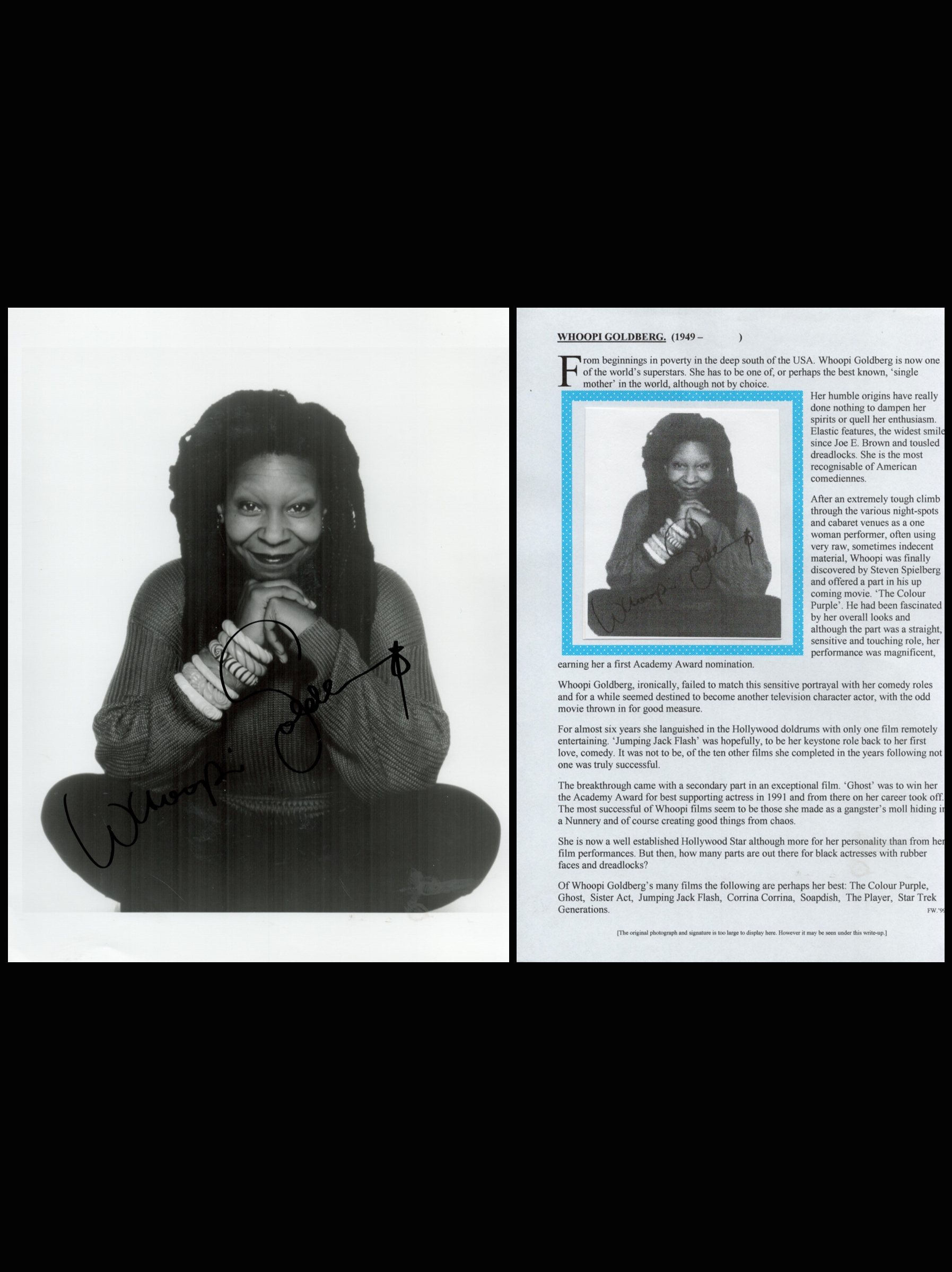 Whoopi Goldberg Signed Black and White Photo with info. American Actress and Comedian Approx Size